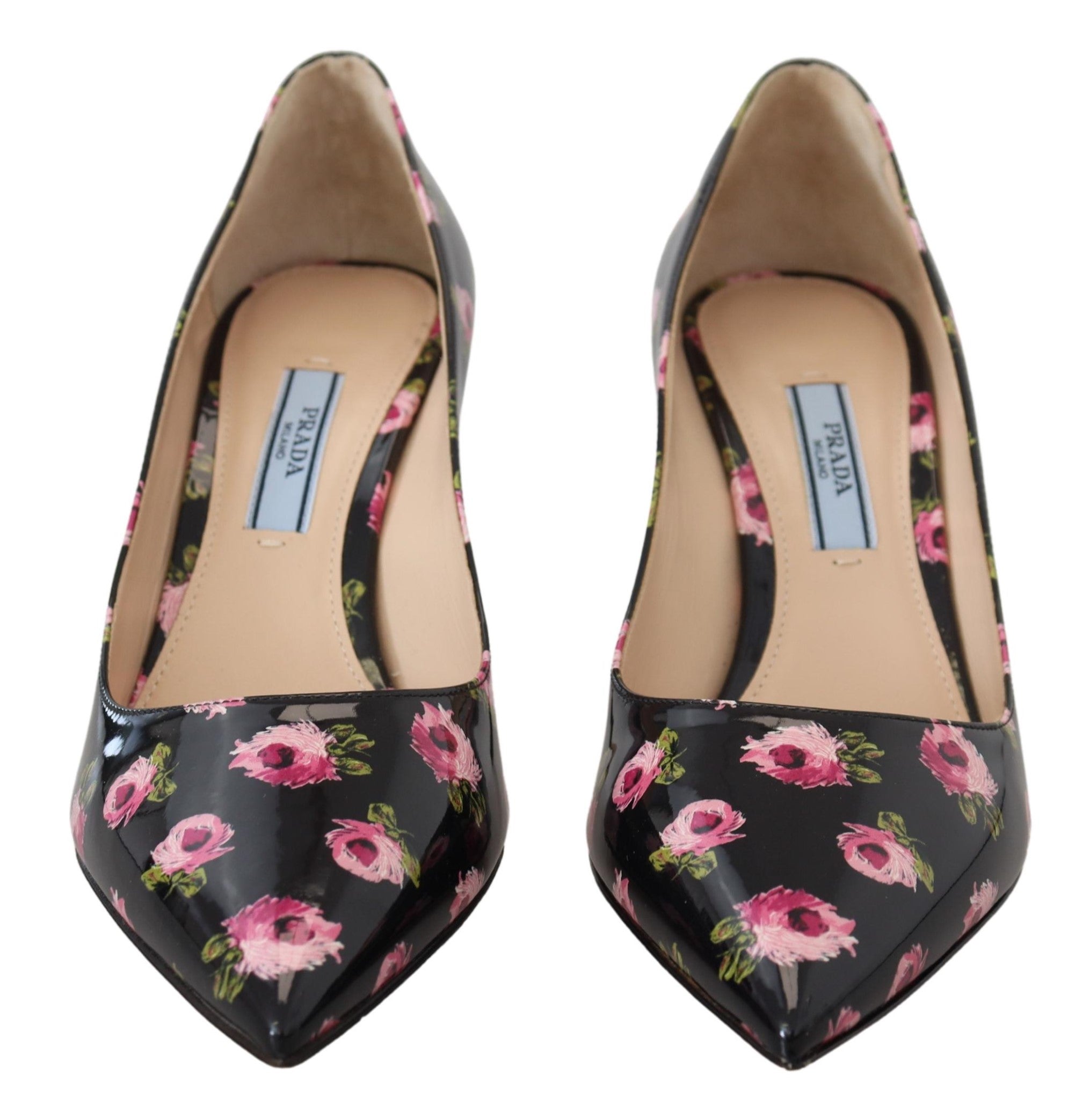 Black Leather Floral Heels Stilettos Pumps - ventzia