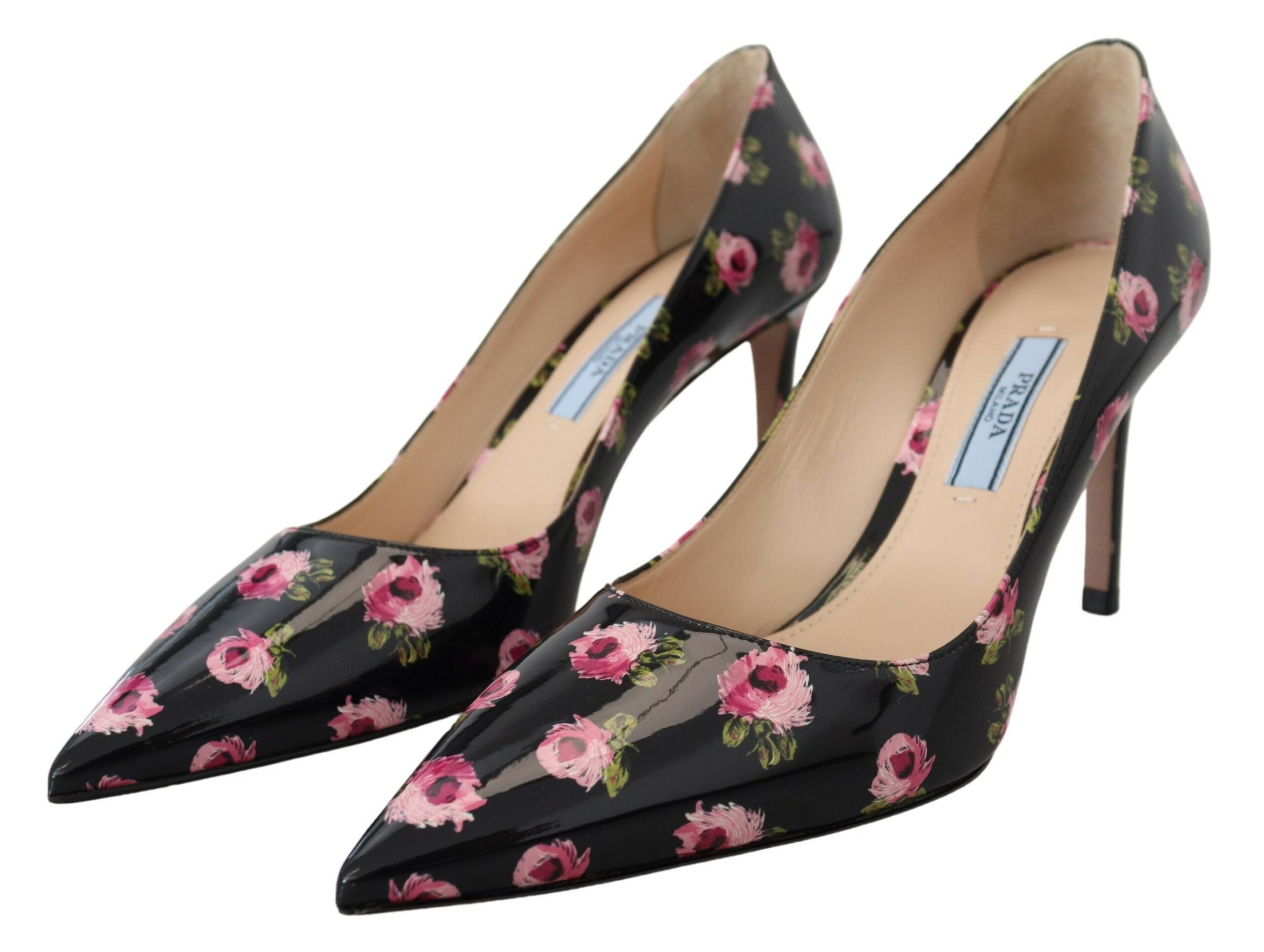 Black Leather Floral Heels Stilettos Pumps - ventzia