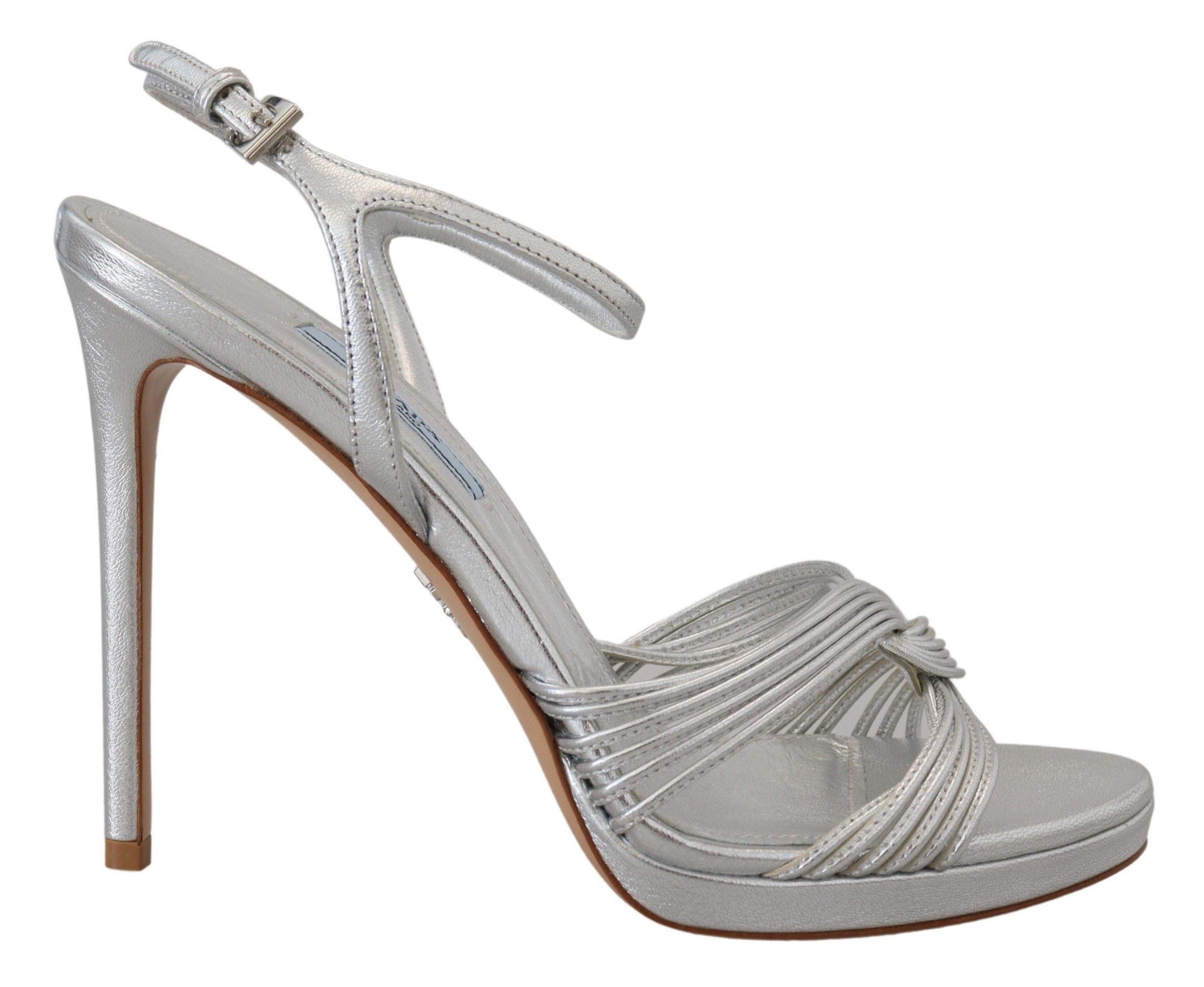 Silver Leather Sandals Ankle Strap Heels Stiletto - ventzia