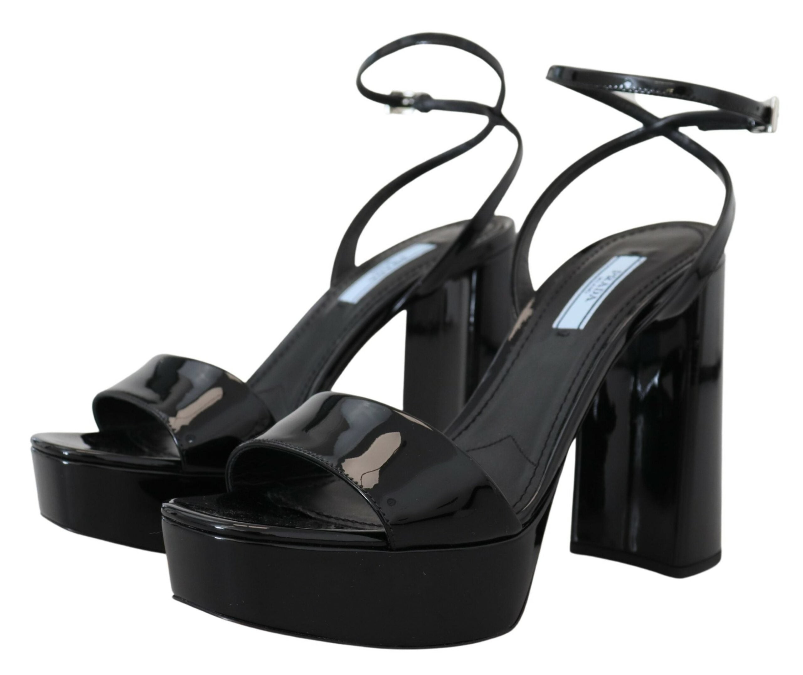 Black Patent Sandals Ankle Strap Heels Leather - ventzia