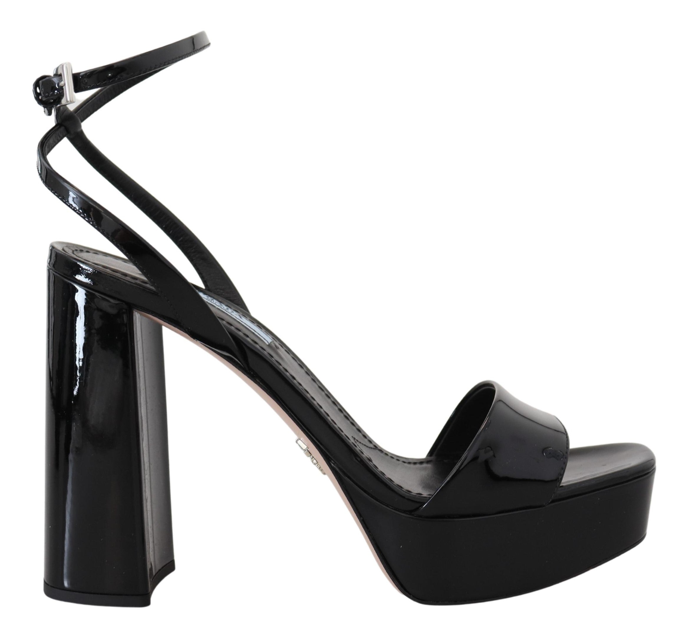 Black Patent Sandals Ankle Strap Heels Leather - ventzia