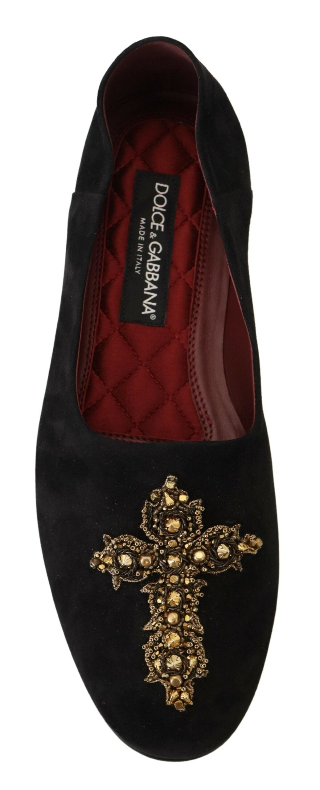 Black Suede Gold Cross Slip On Loafers Shoes - ventzia