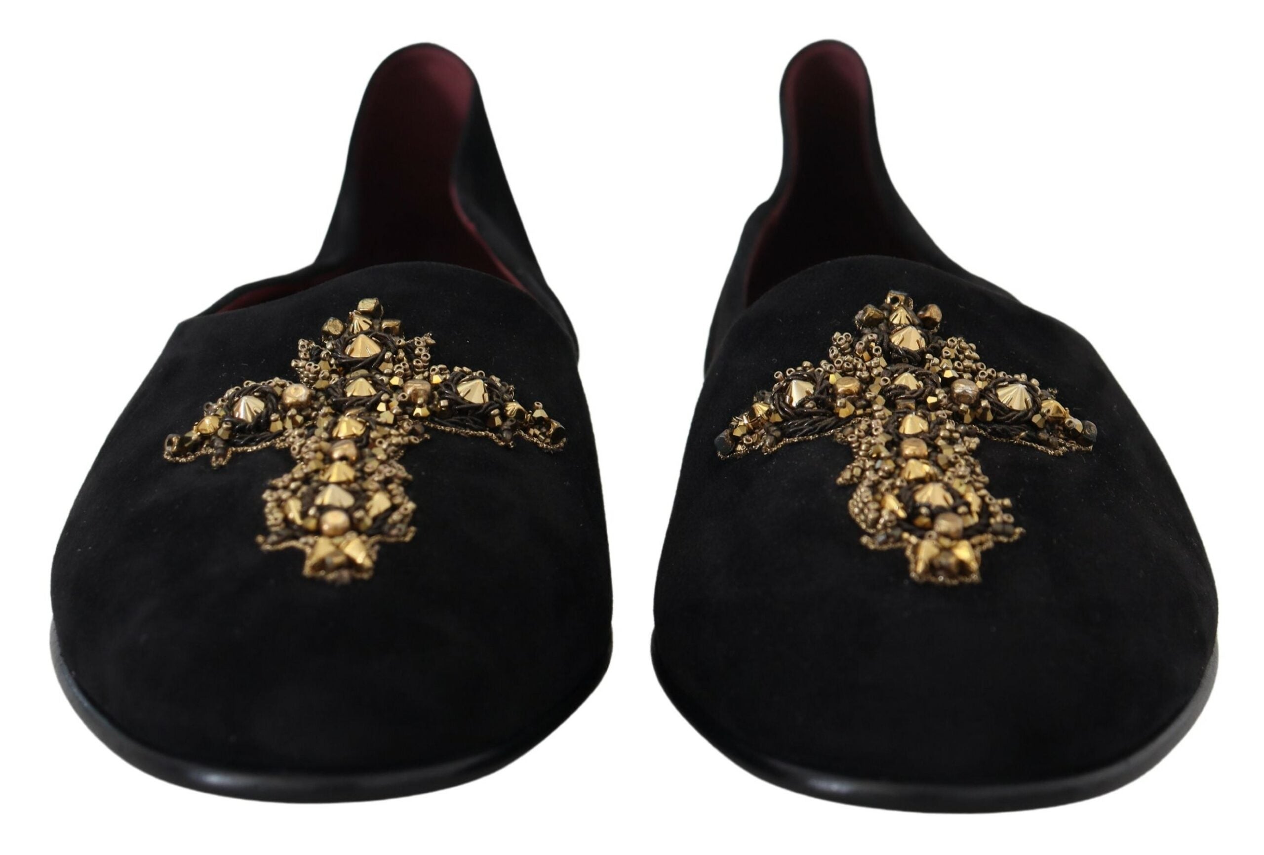 Black Suede Gold Cross Slip On Loafers Shoes - ventzia