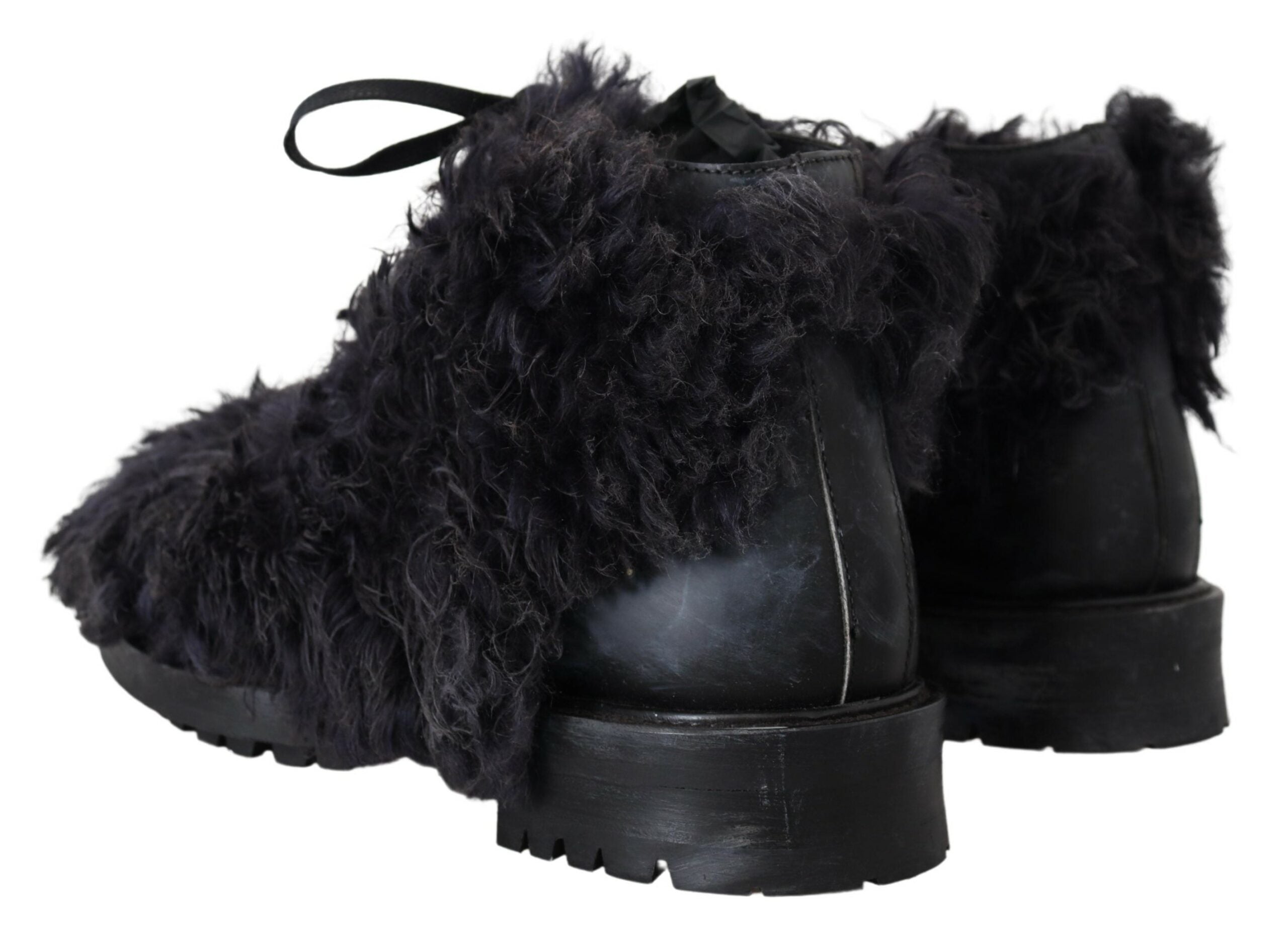 Black Leather Combat Shearling Boots Shoes - ventzia