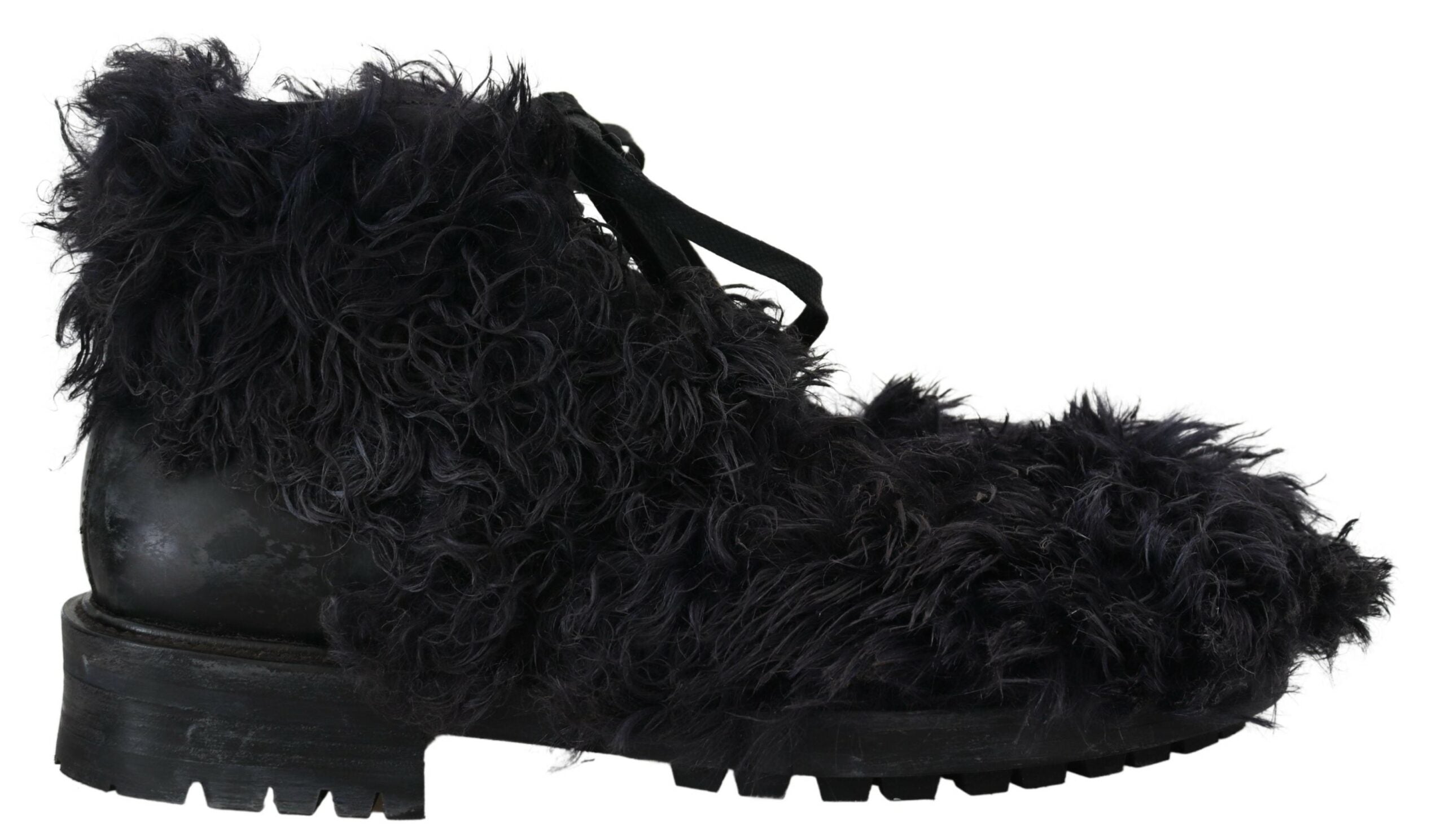 Black Leather Combat Shearling Boots Shoes - ventzia