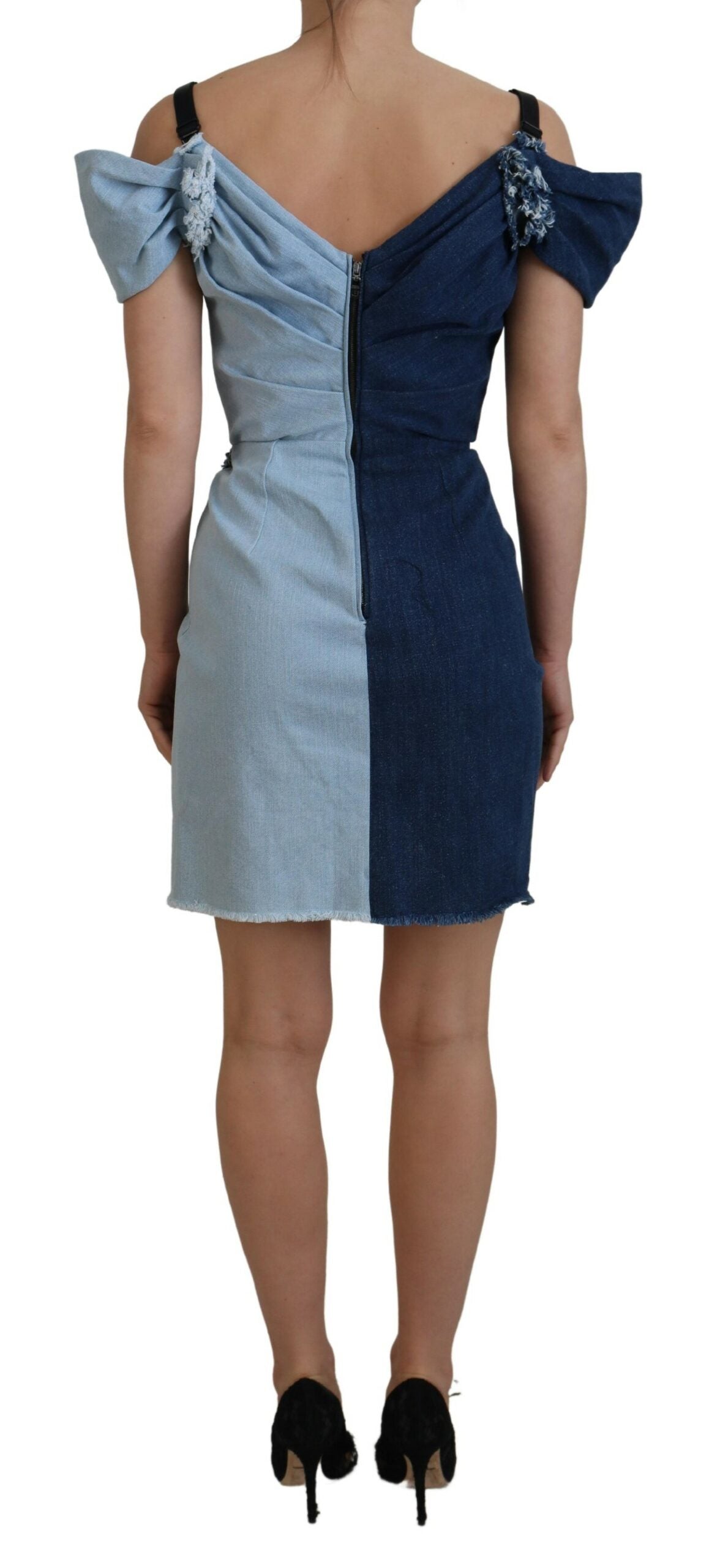 Two Tone Blue Patchwork Denim Mini Dress - ventzia