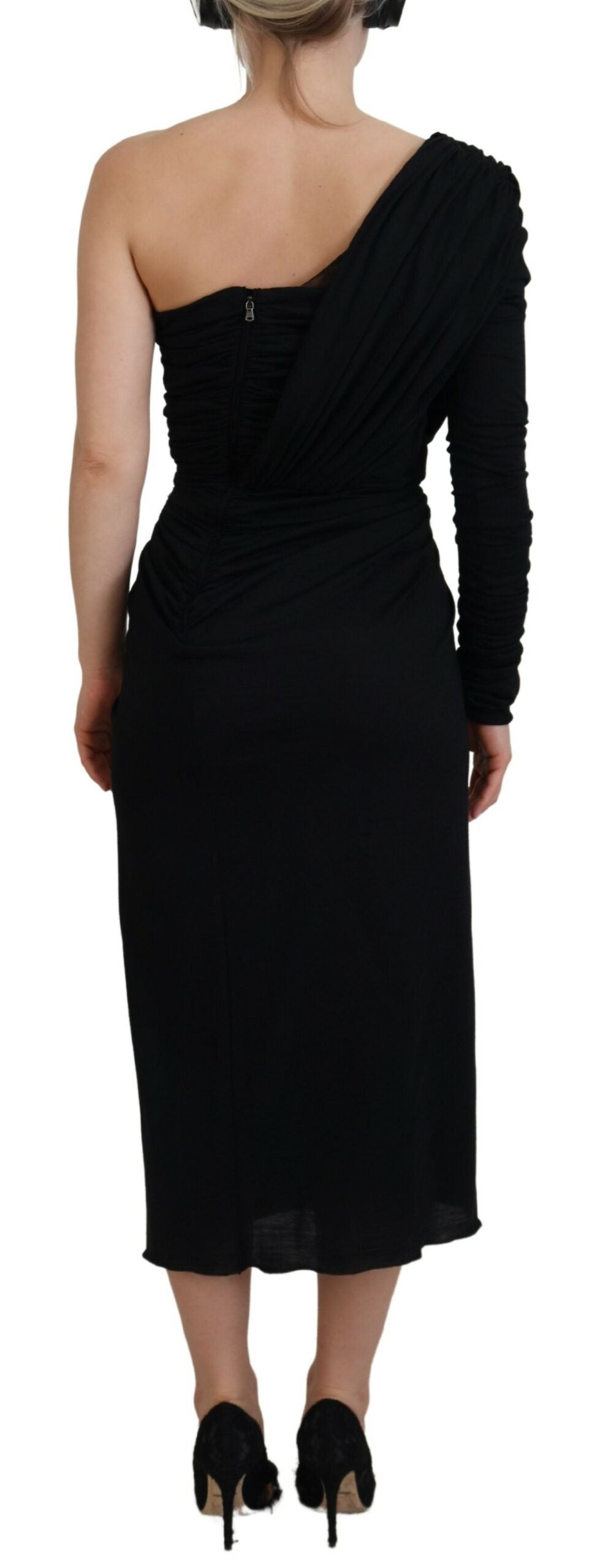 Black Wrap Sheath One Shoulder Wool Dress - ventzia