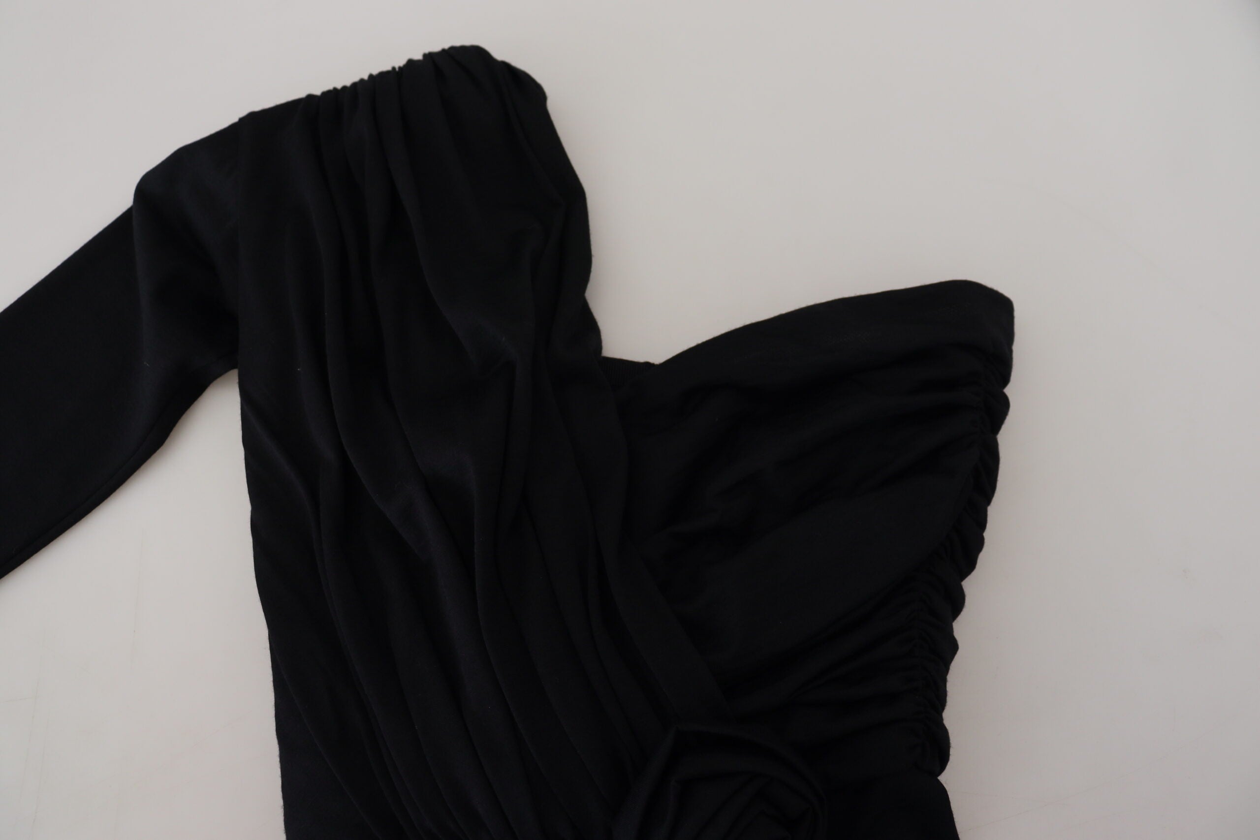 Black Wrap Sheath One Shoulder Wool Dress - ventzia