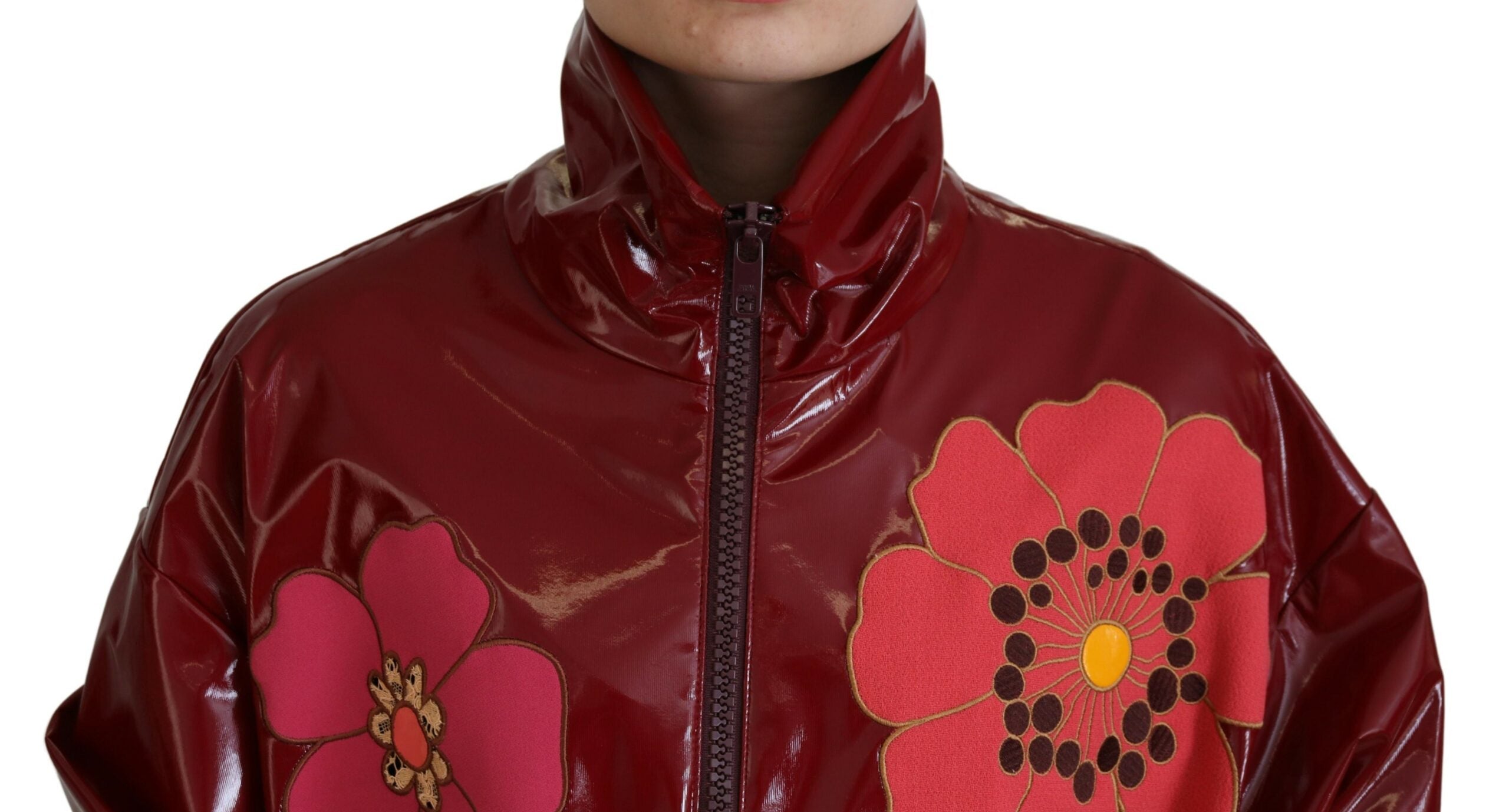 Maroon Floral Full Zip Polyester Women Jacket - ventzia