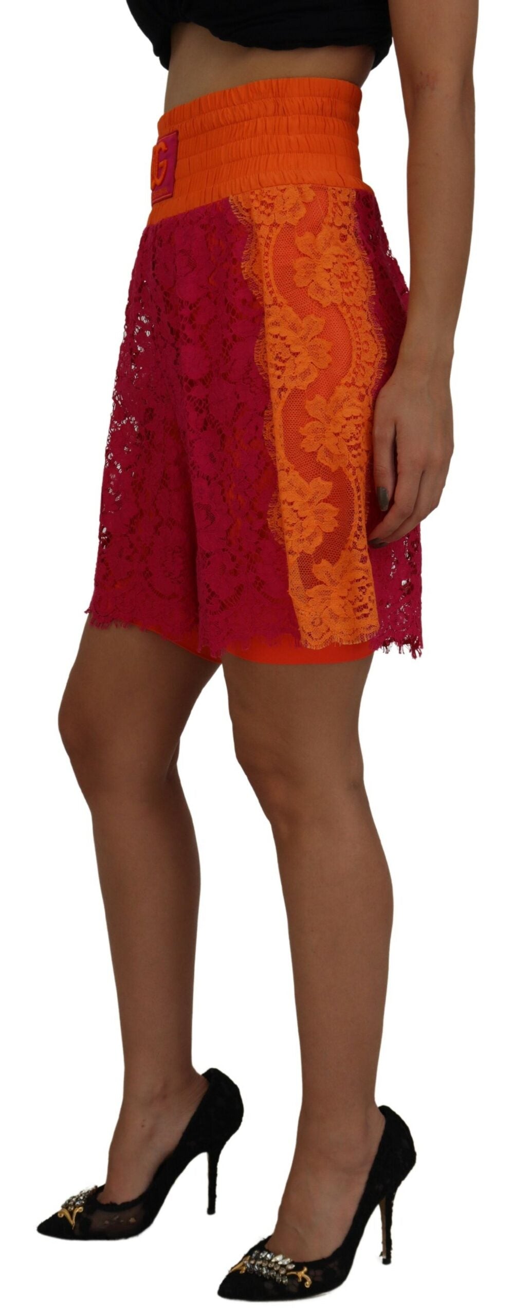 Pink Orange Lace Cotton High Waist Shorts - ventzia