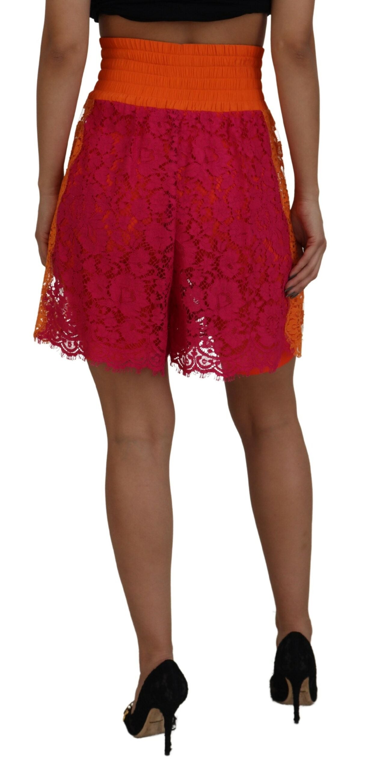 Pink Orange Lace Cotton High Waist Shorts - ventzia