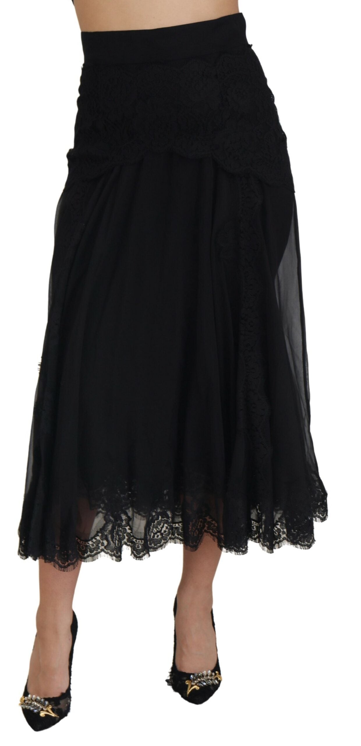 Black Silk Lace Trim High Waist Midi Skirt - ventzia