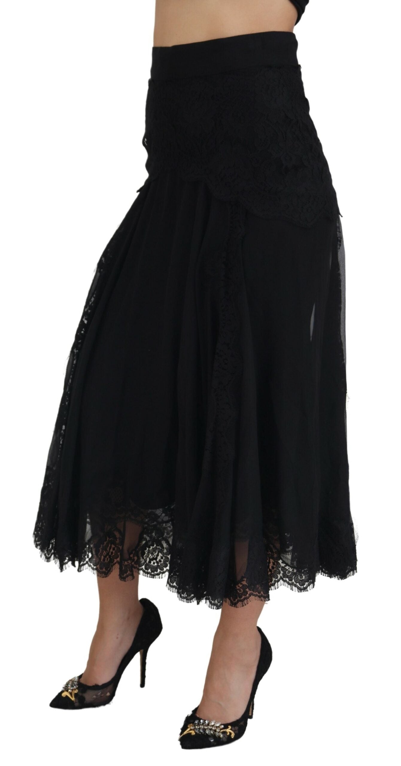 Black Silk Lace Trim High Waist Midi Skirt - ventzia