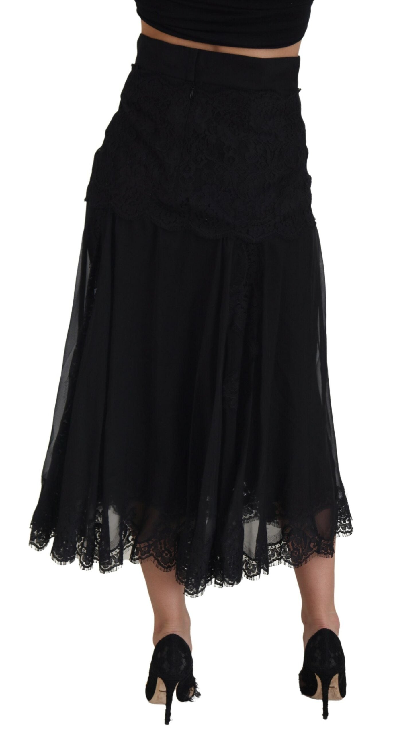 Black Silk Lace Trim High Waist Midi Skirt - ventzia