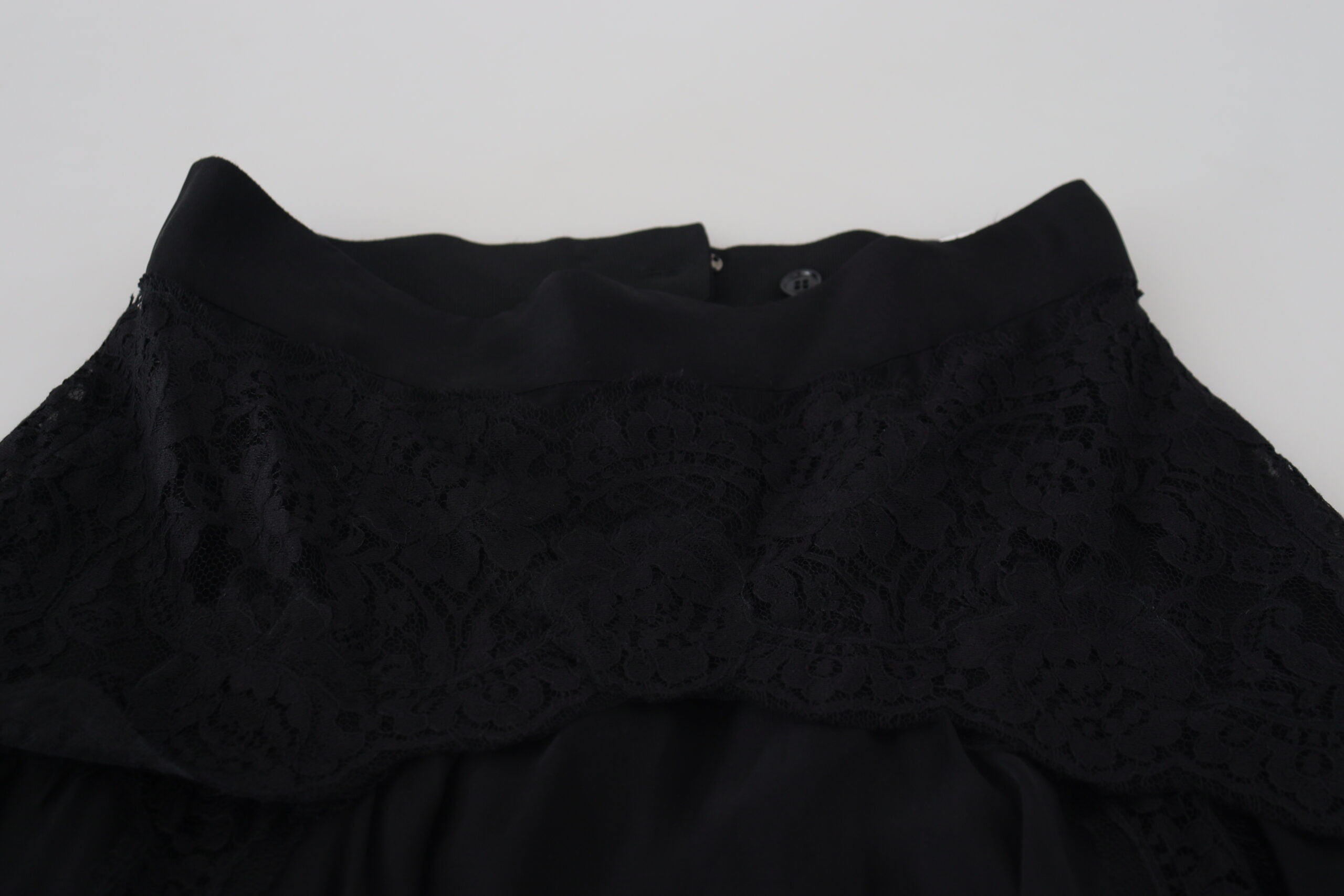 Black Silk Lace Trim High Waist Midi Skirt - ventzia