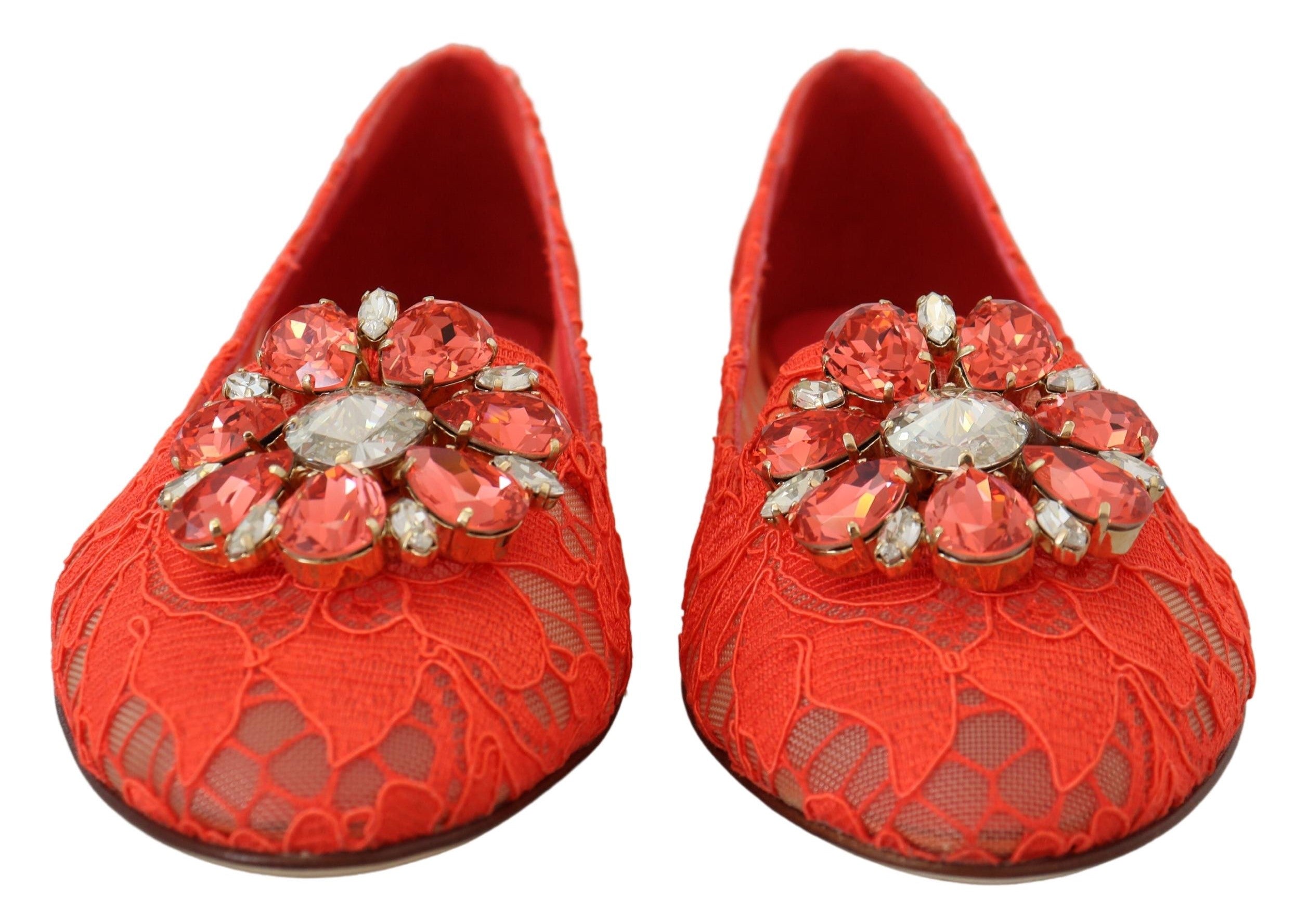 Red Taormina Lace Crystals Ballet Flats Shoes - ventzia