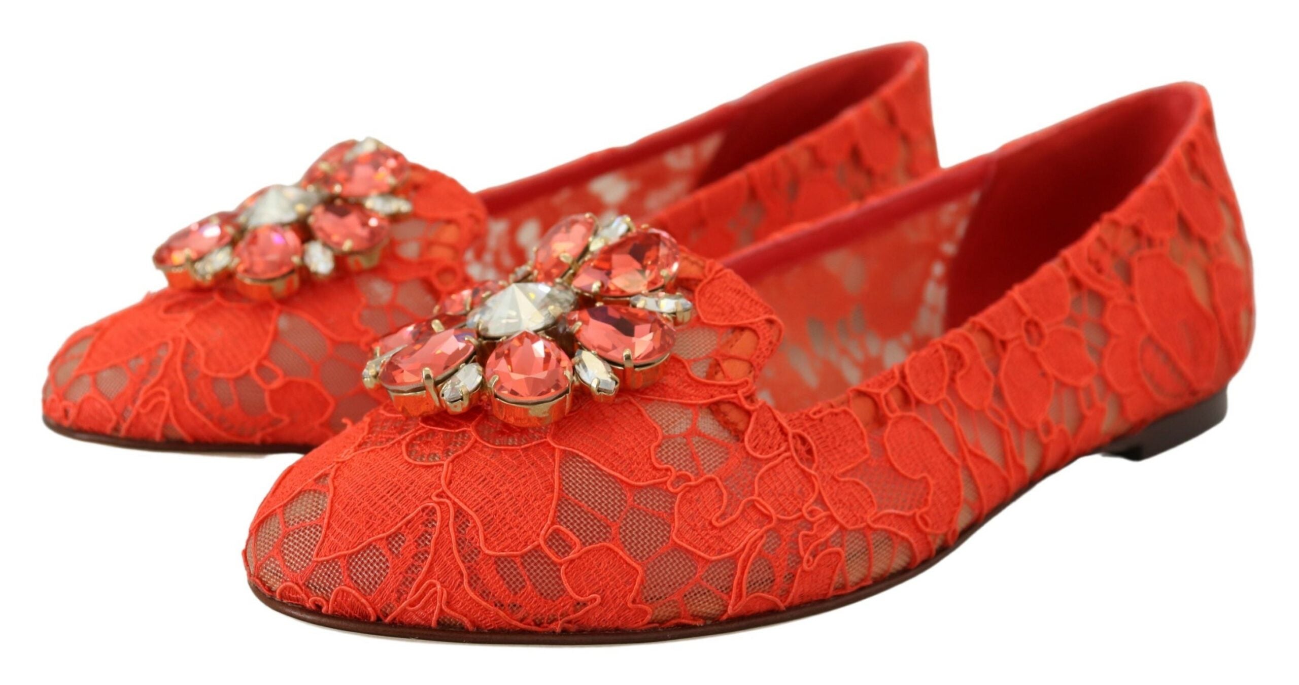 Red Taormina Lace Crystals Ballet Flats Shoes - ventzia