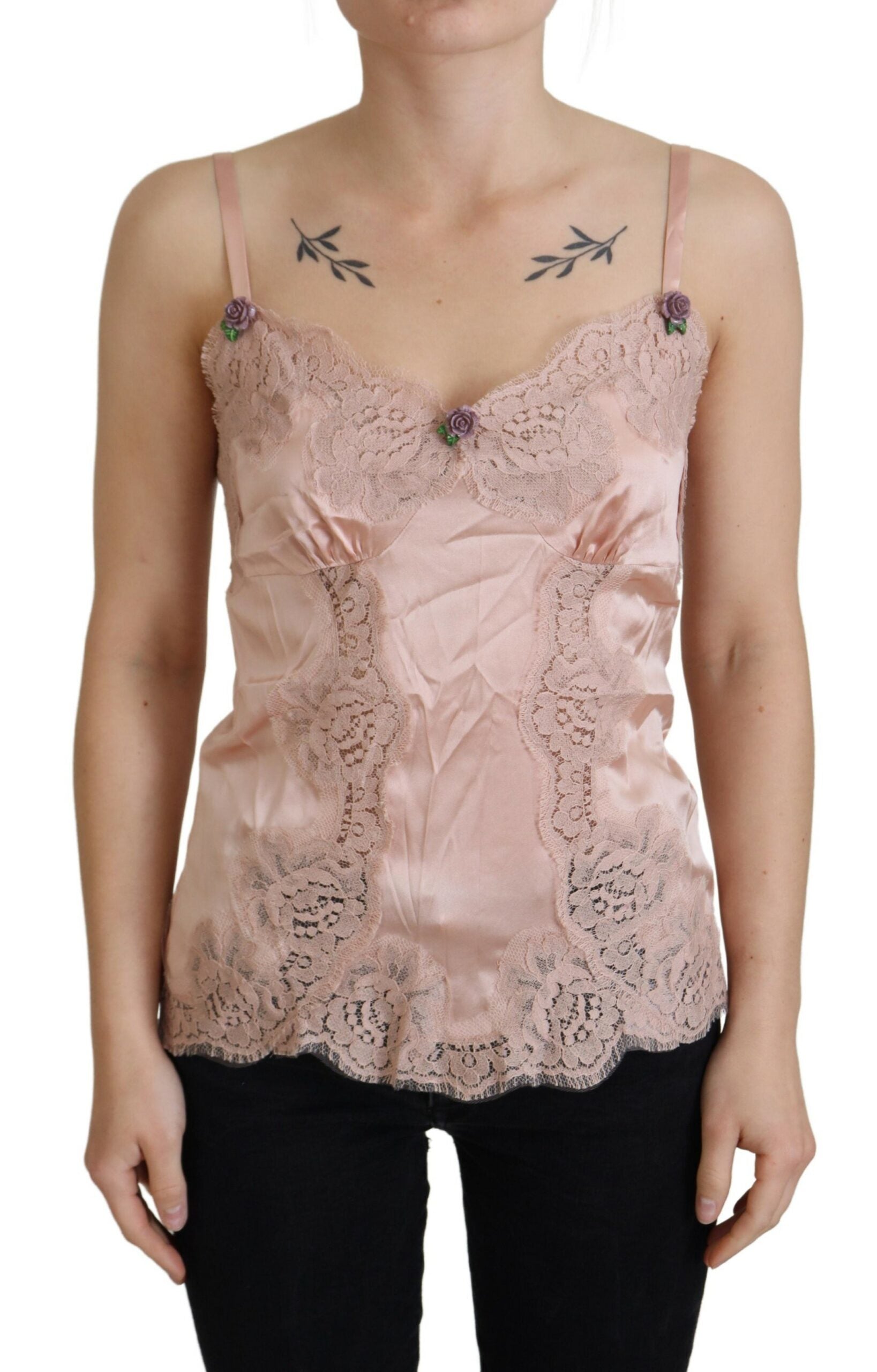 Pink Satin Lace Roses Tank Top Lingerie - ventzia