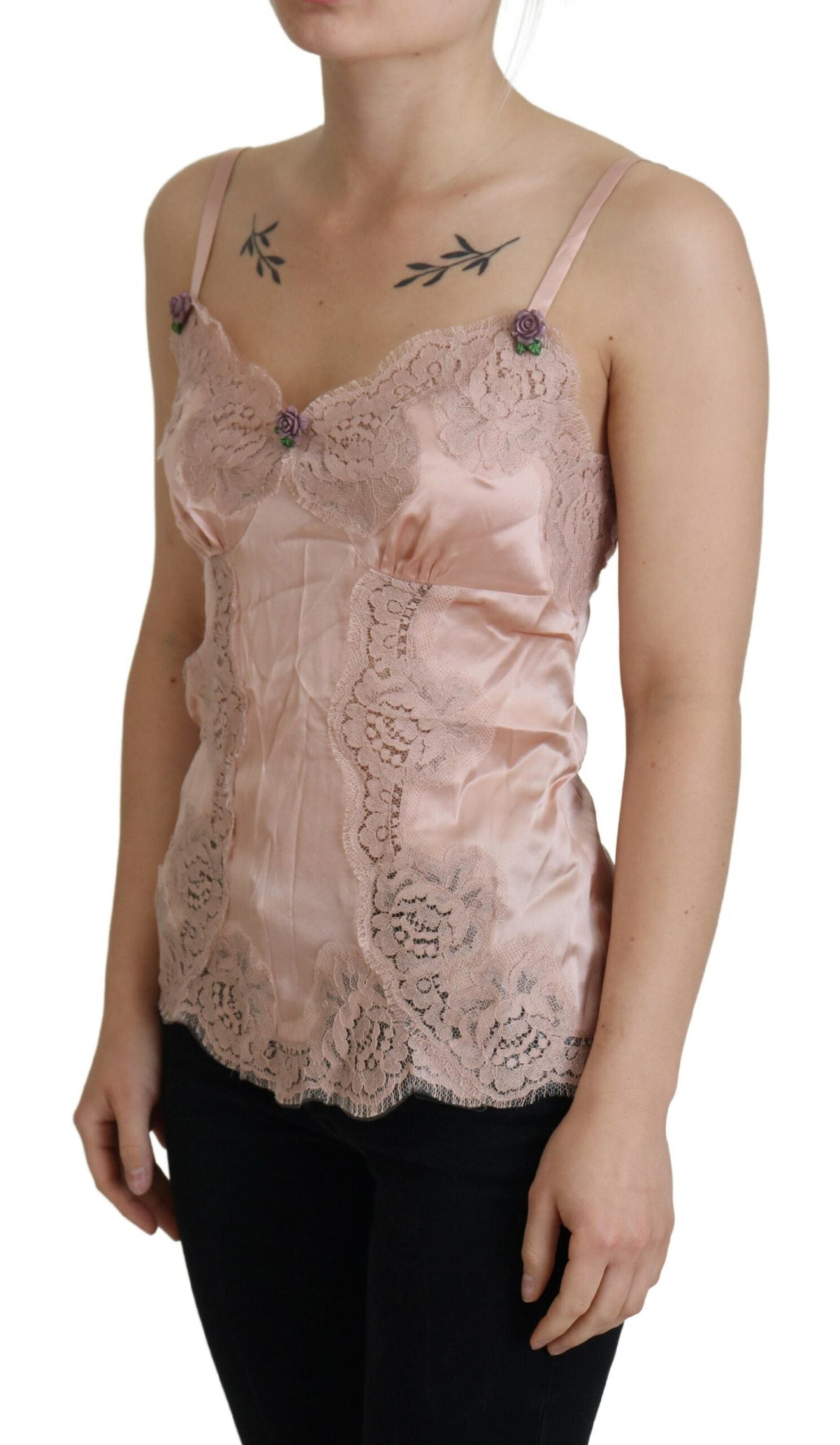 Pink Satin Lace Roses Tank Top Lingerie - ventzia