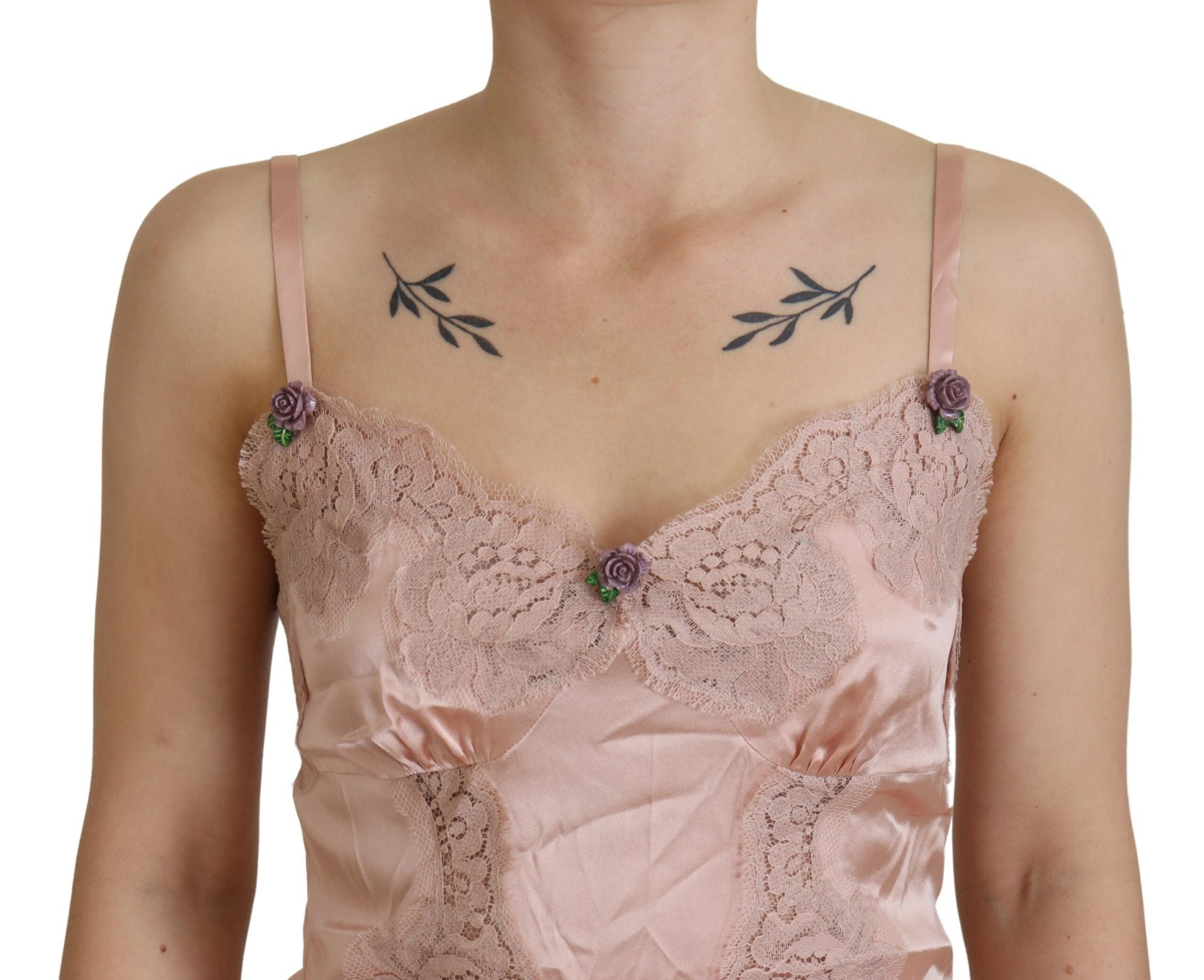 Pink Satin Lace Roses Tank Top Lingerie - ventzia