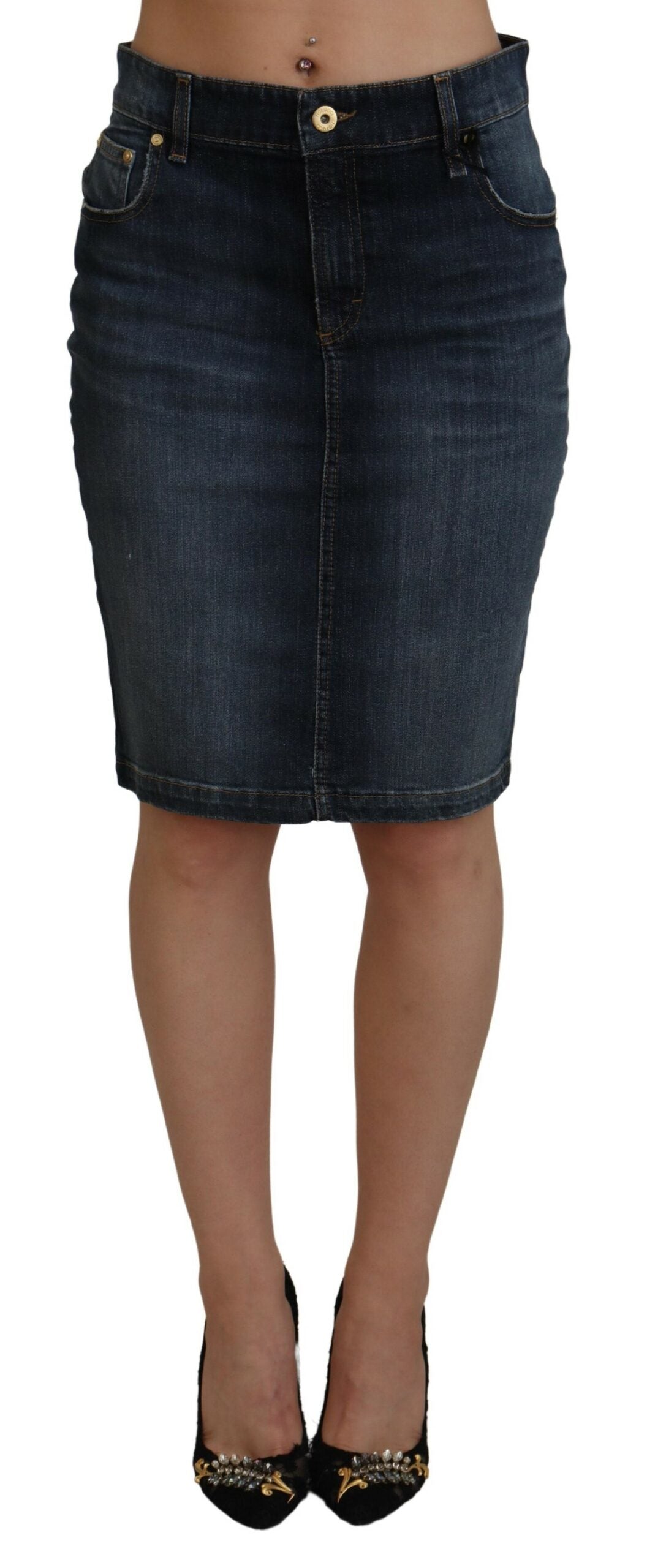 Dark Blue Washed Mid Waist Pencil Cut Denim Skirt - ventzia