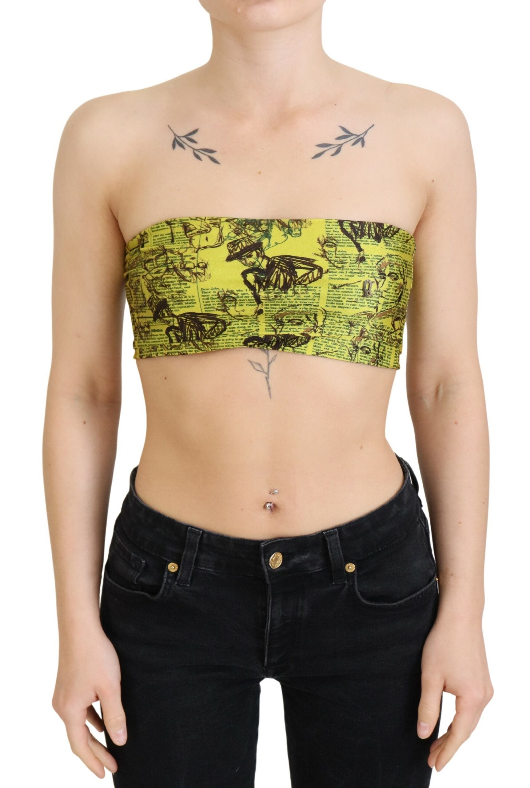 Yellow Newspaper Print Cropped Blouse - ventzia