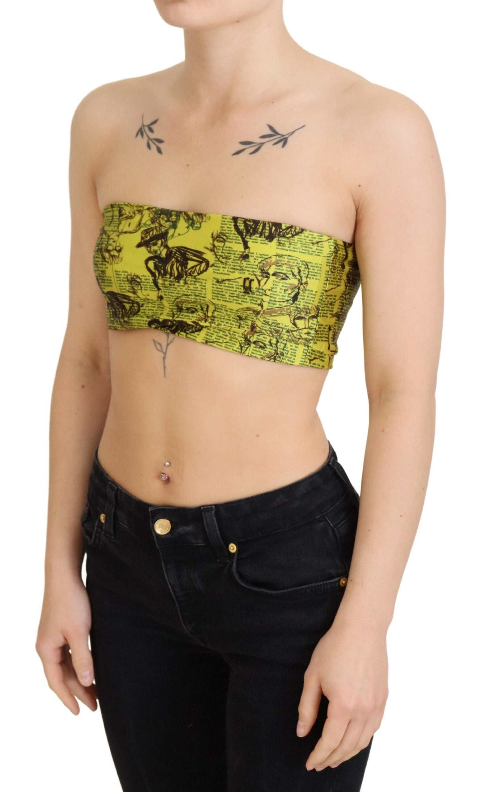 Yellow Newspaper Print Cropped Blouse - ventzia