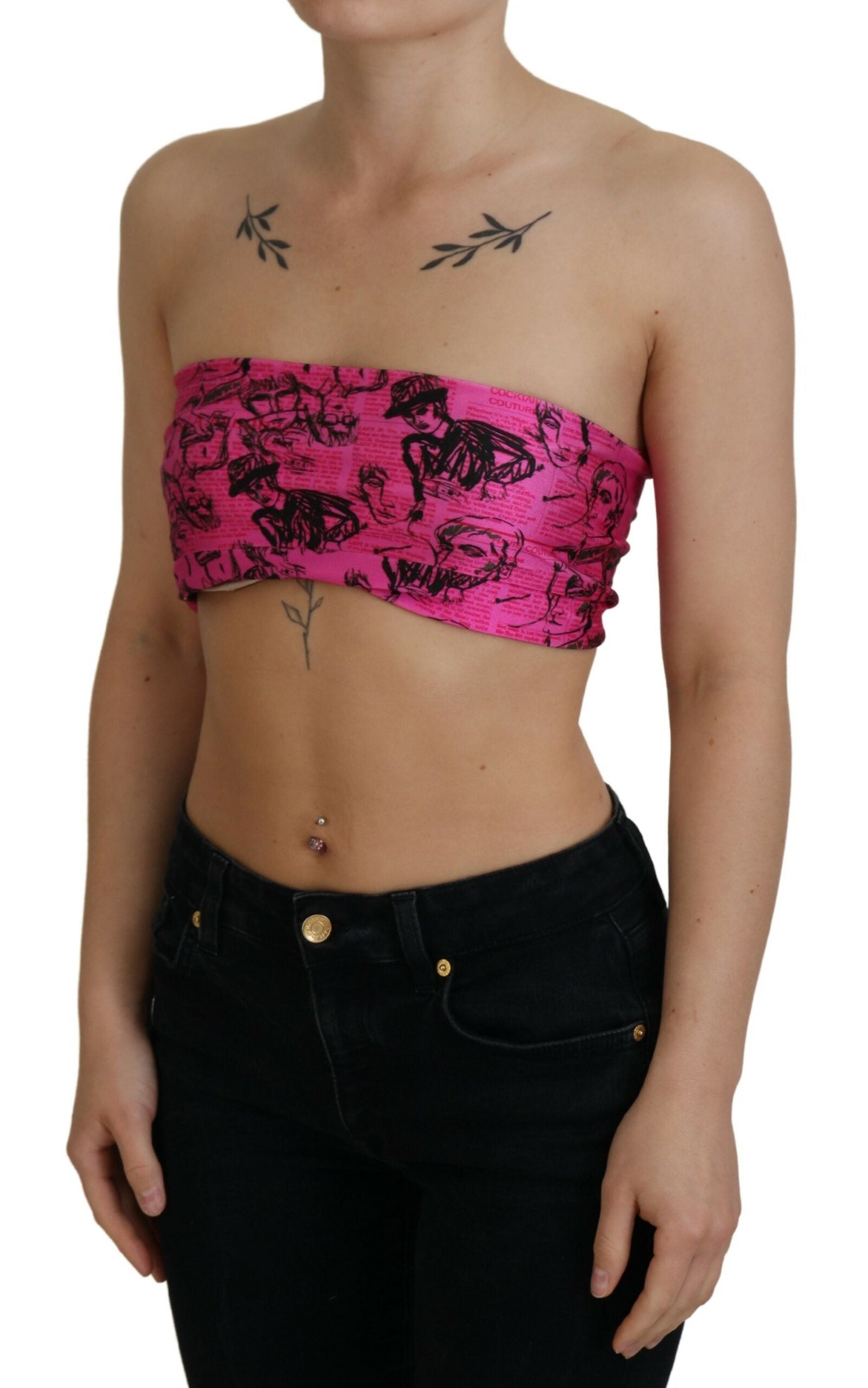 Pink Newspaper Print Bra Cropped Blouse - ventzia