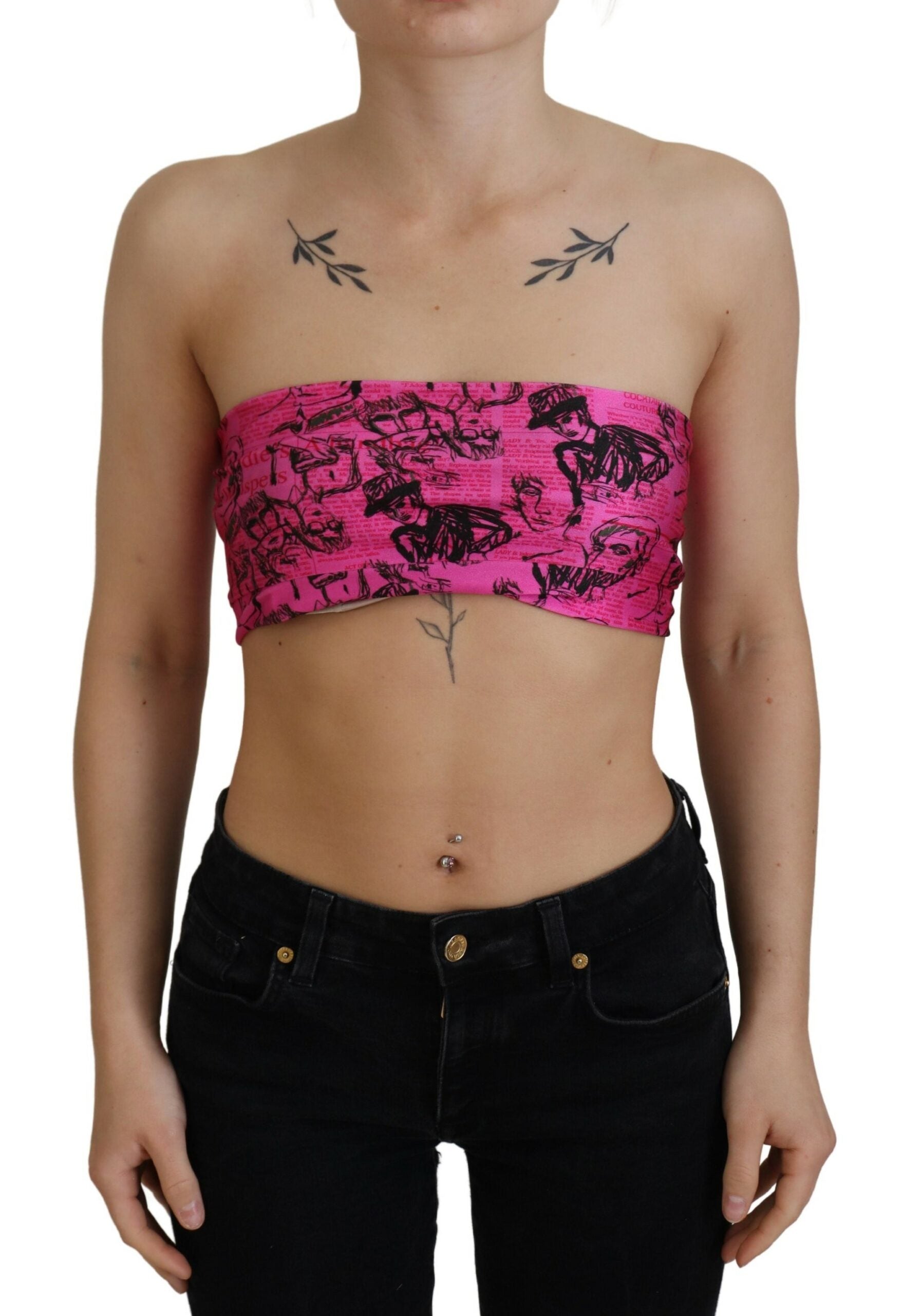 Pink Newspaper Print Bra Cropped Blouse - ventzia