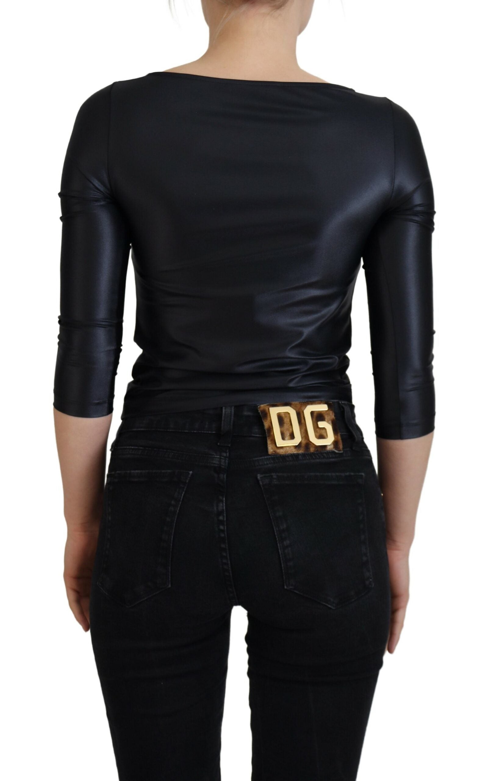 Black Cotton Stretch Open Chest 3/4 Sleeve Top - ventzia