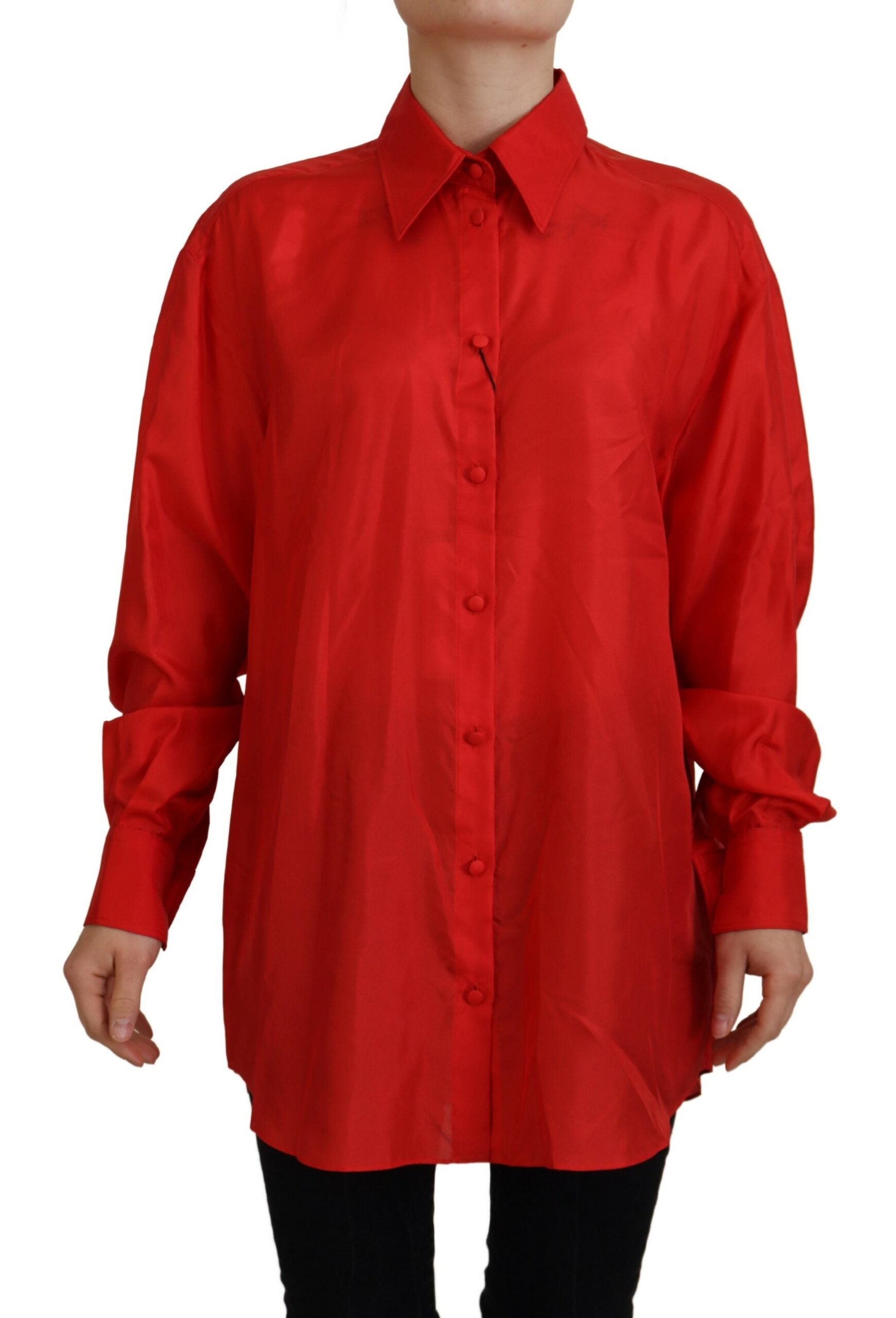 Red Silk Collared Long Sleeves Dress Shirt Top - ventzia