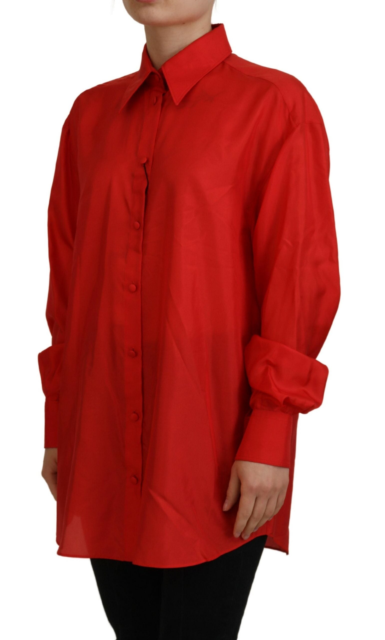 Red Silk Collared Long Sleeves Dress Shirt Top - ventzia