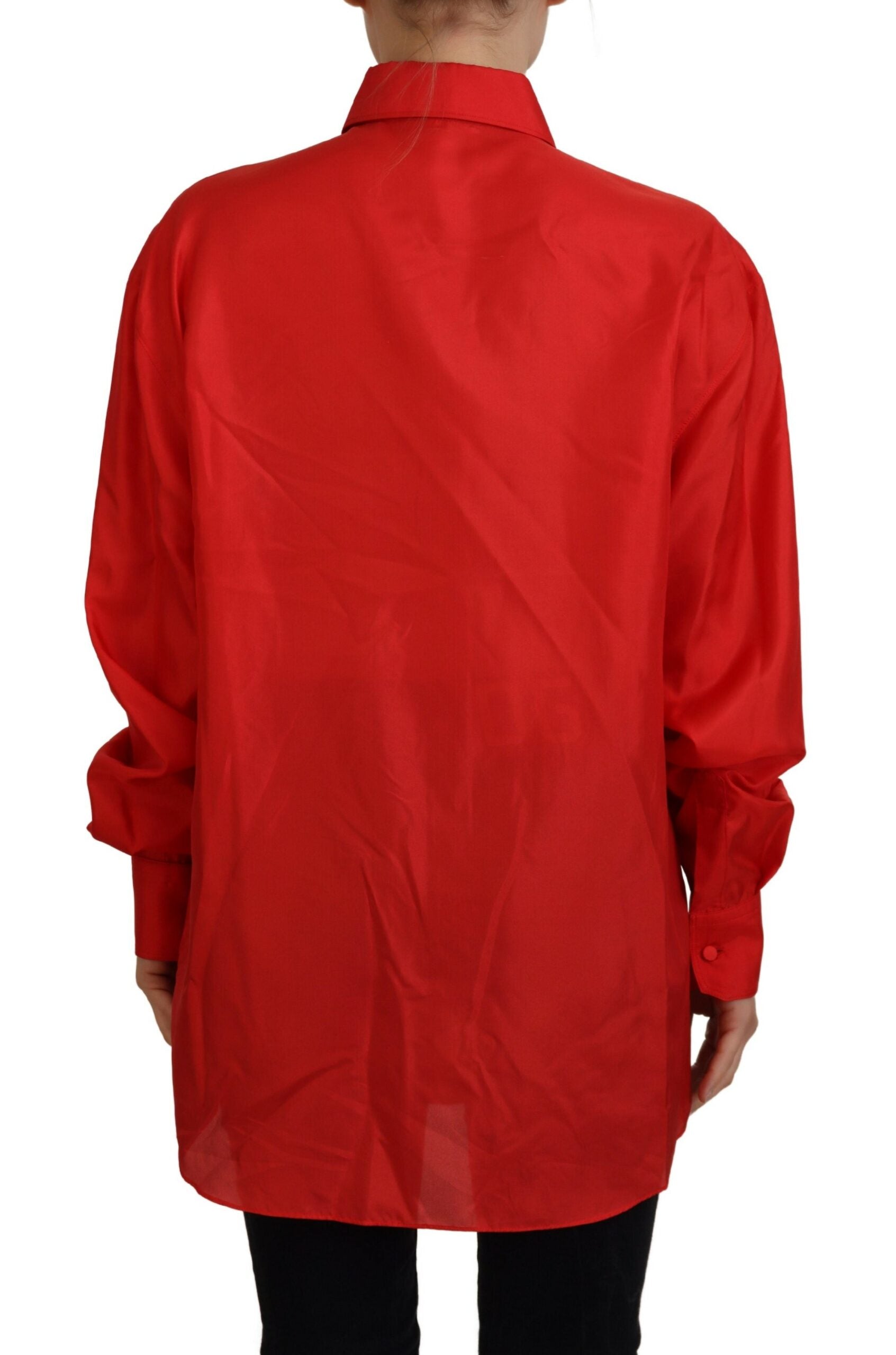 Red Silk Collared Long Sleeves Dress Shirt Top - ventzia