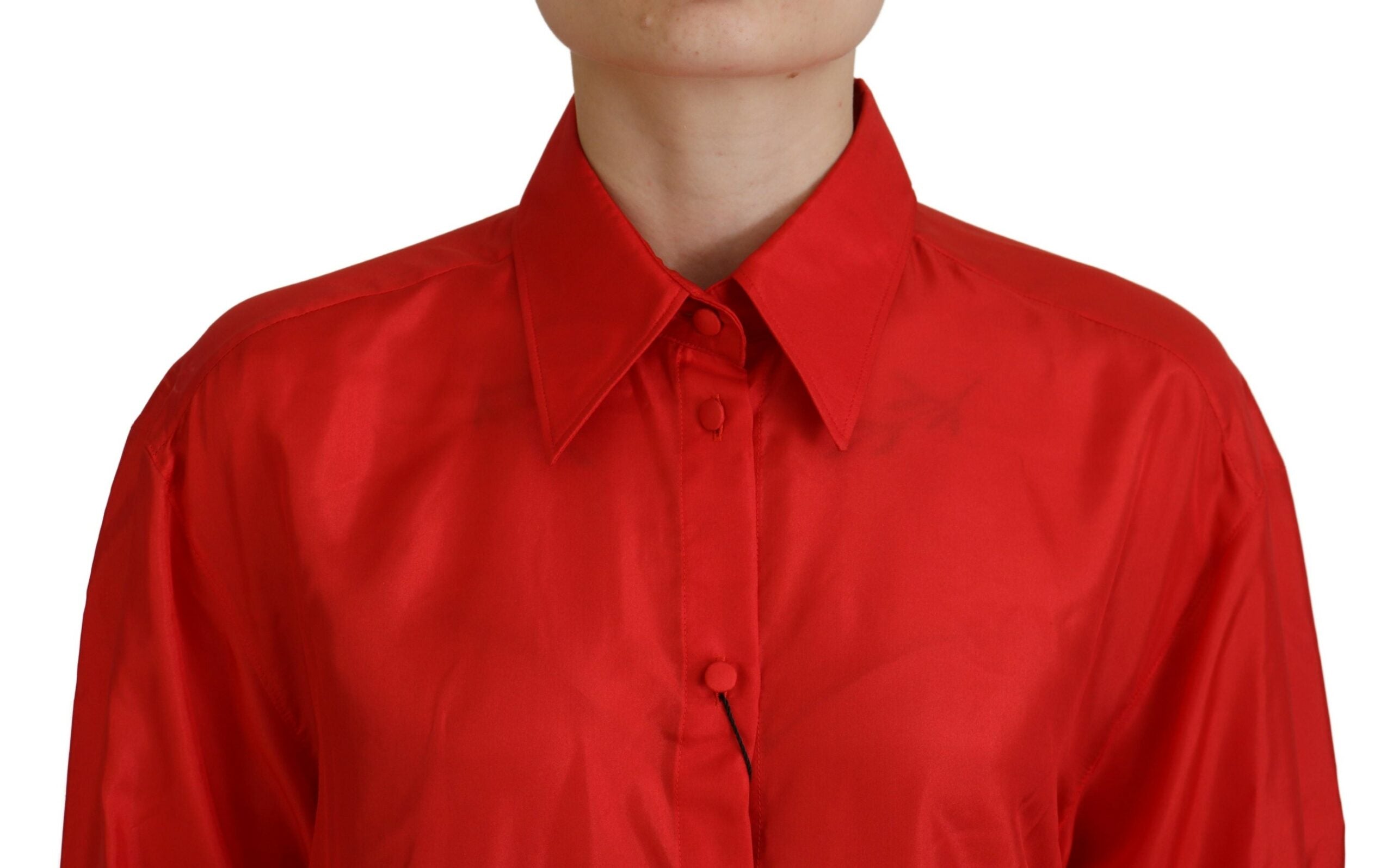 Red Silk Collared Long Sleeves Dress Shirt Top - ventzia