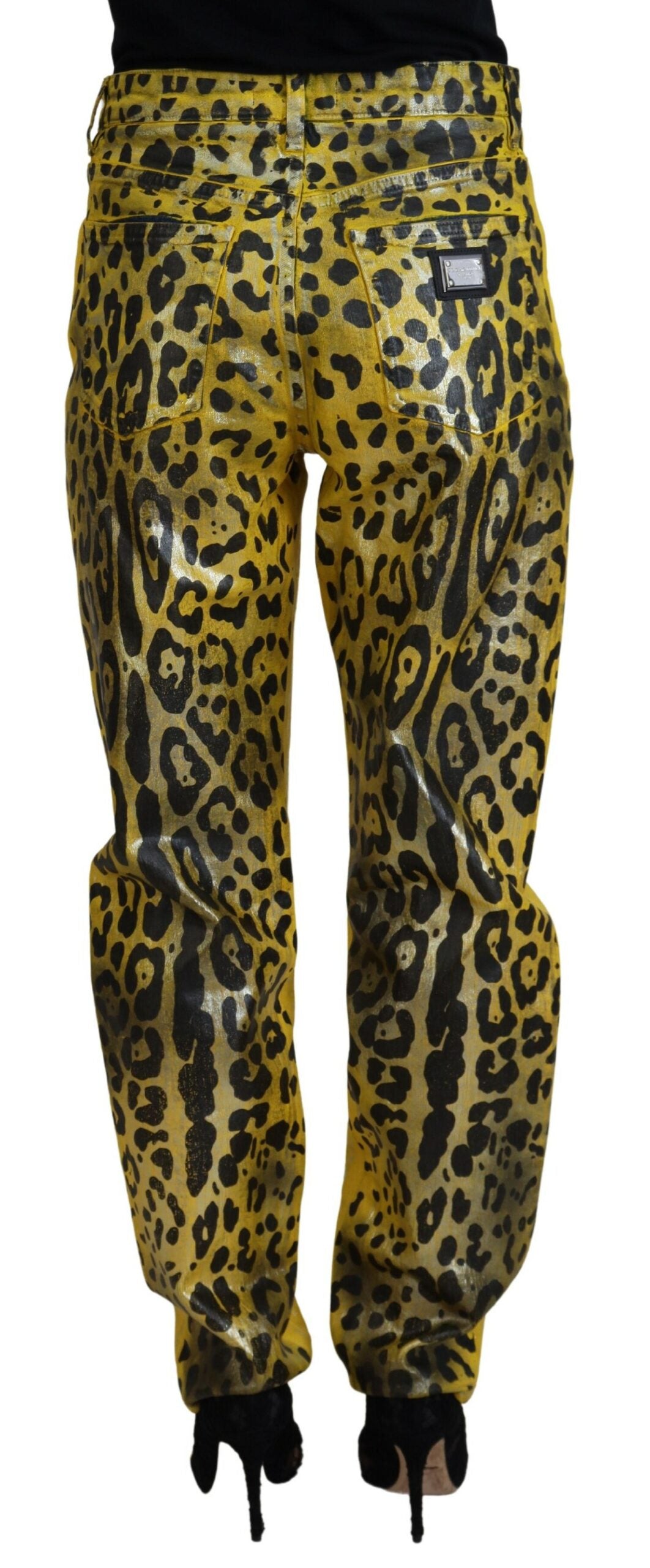 Yellow Leopard Cotton Straight Denim Jeans - ventzia