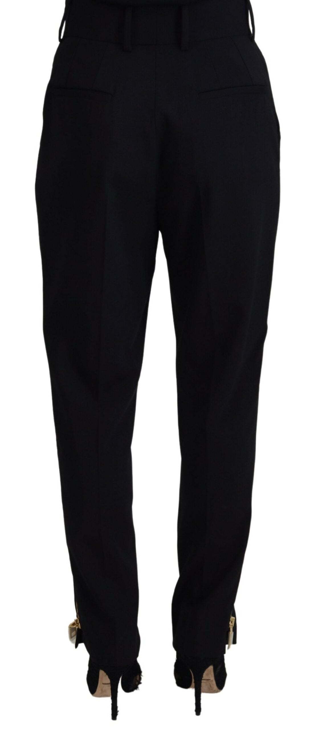 Black Wool High Waist Tapered Pants - ventzia