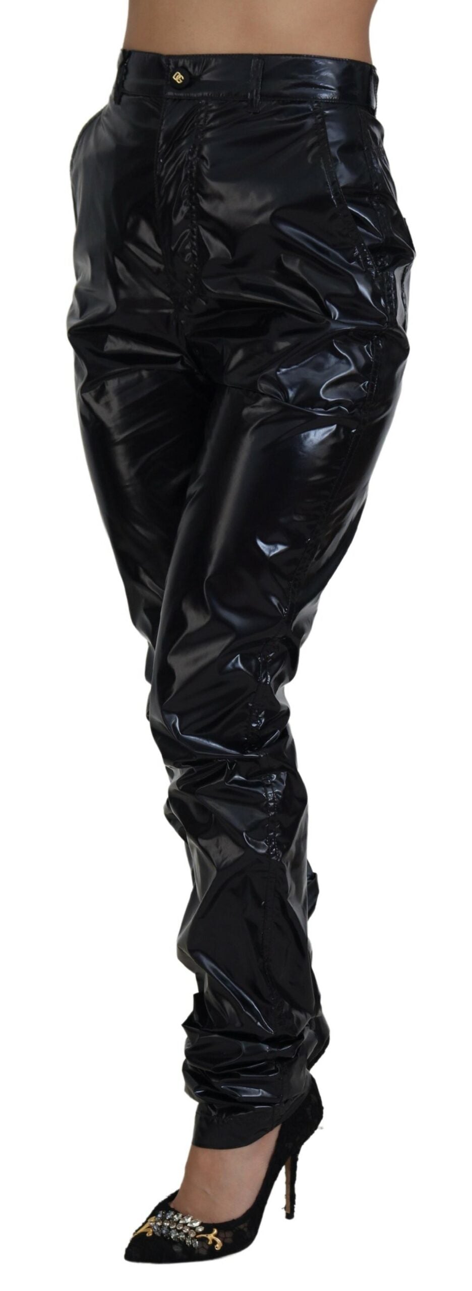 Black Nylon High Waist Skinny Pants - ventzia