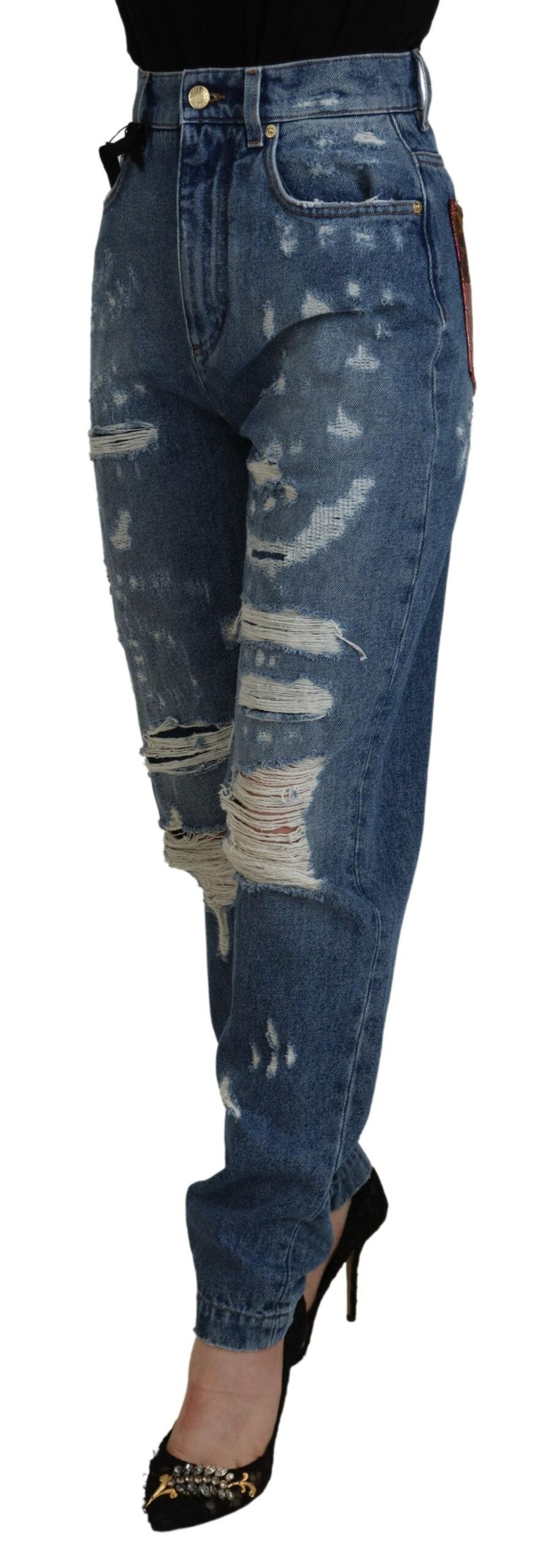Blue Tattered Skinny Denim Cotton Jeans - ventzia