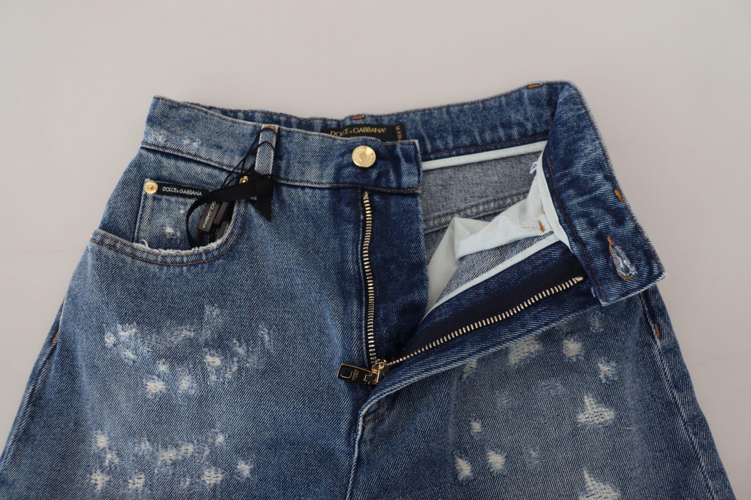 Blue Tattered Skinny Denim Cotton Jeans - ventzia