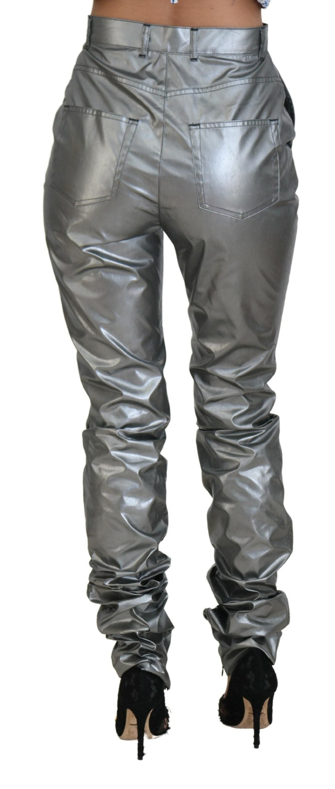 Metallic Silver High Waist Skinny Pants - ventzia