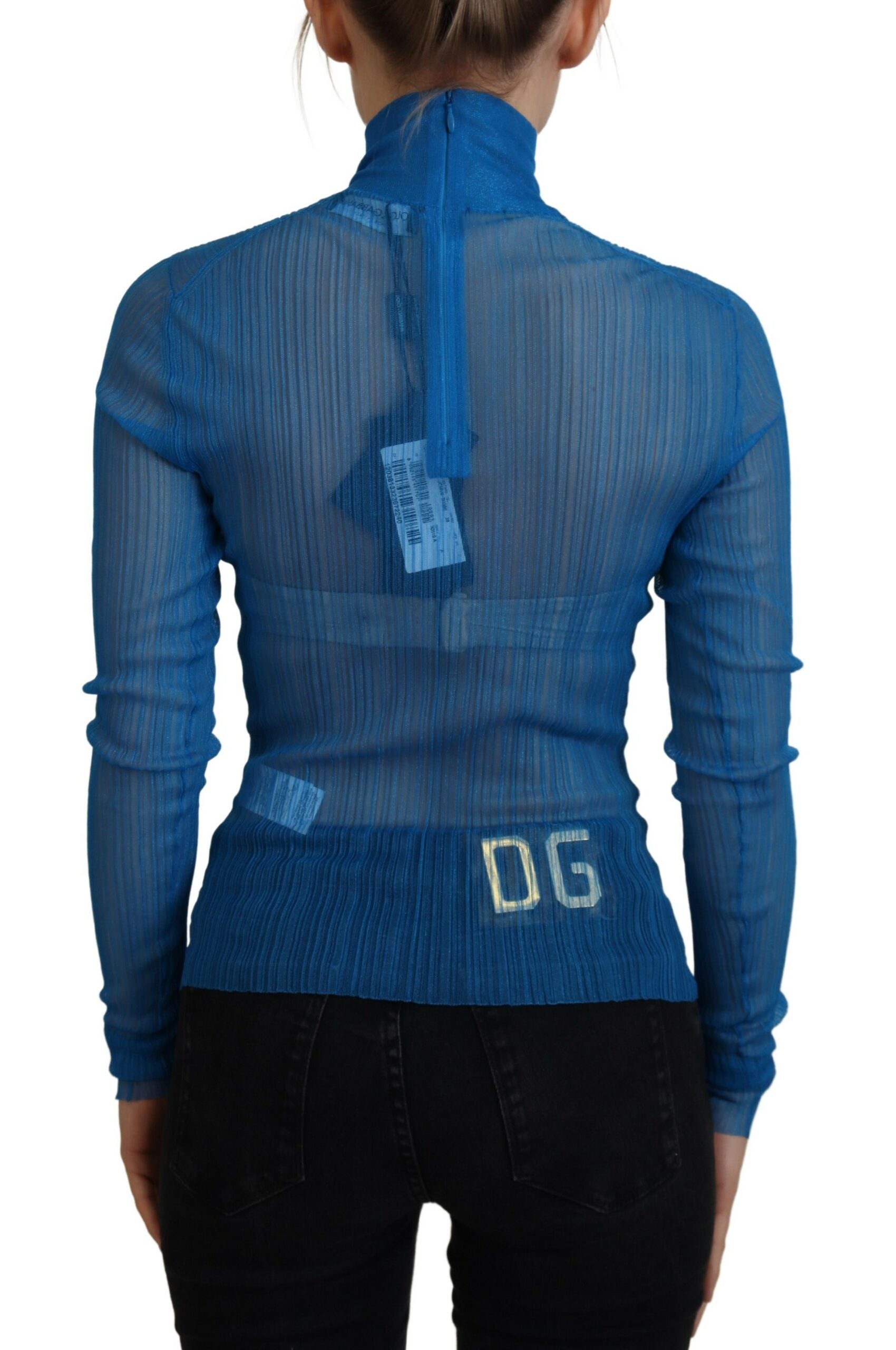 Blue Mesh Turtleneck Long Sleeve Blouse Top - ventzia