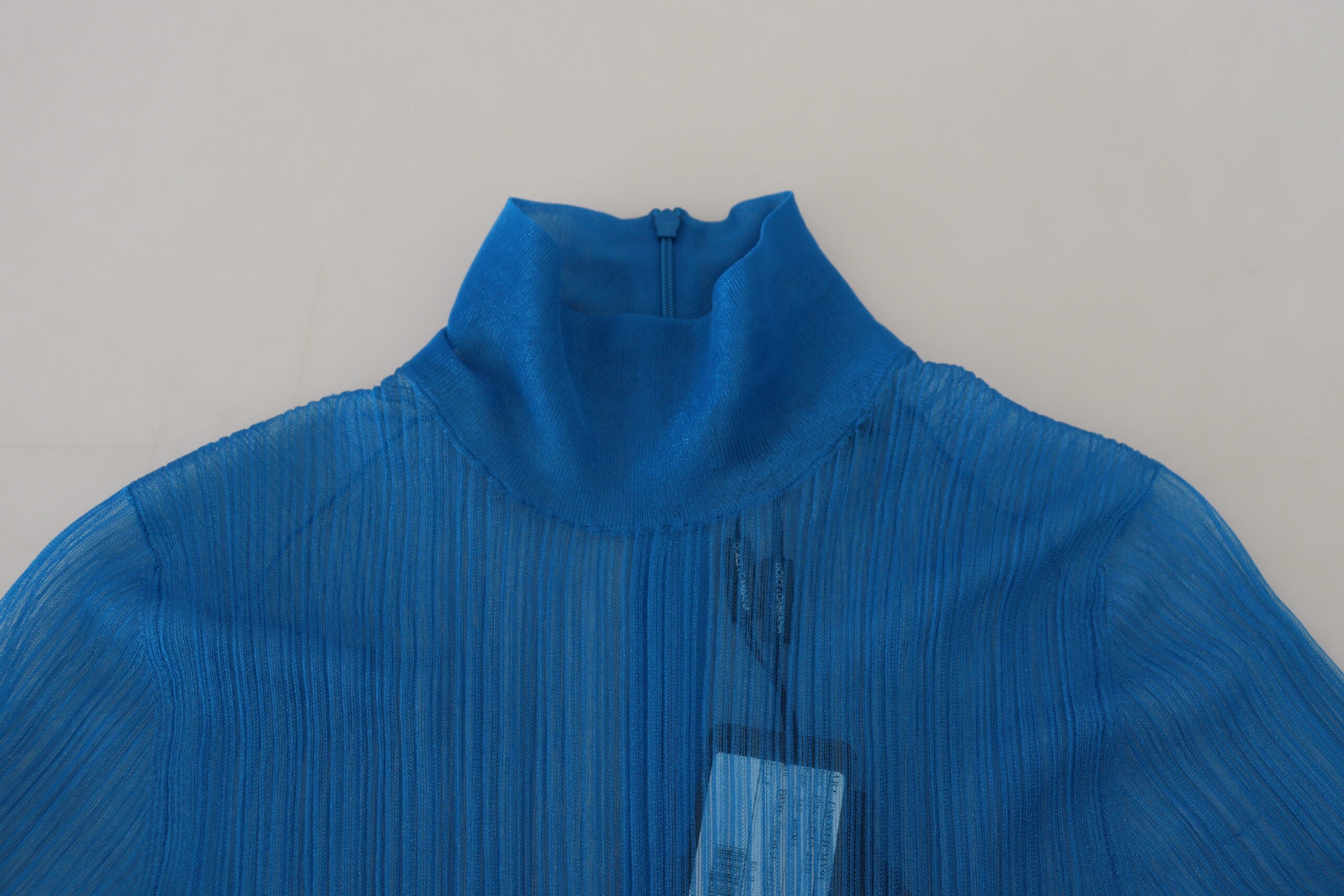 Blue Mesh Turtleneck Long Sleeve Blouse Top - ventzia