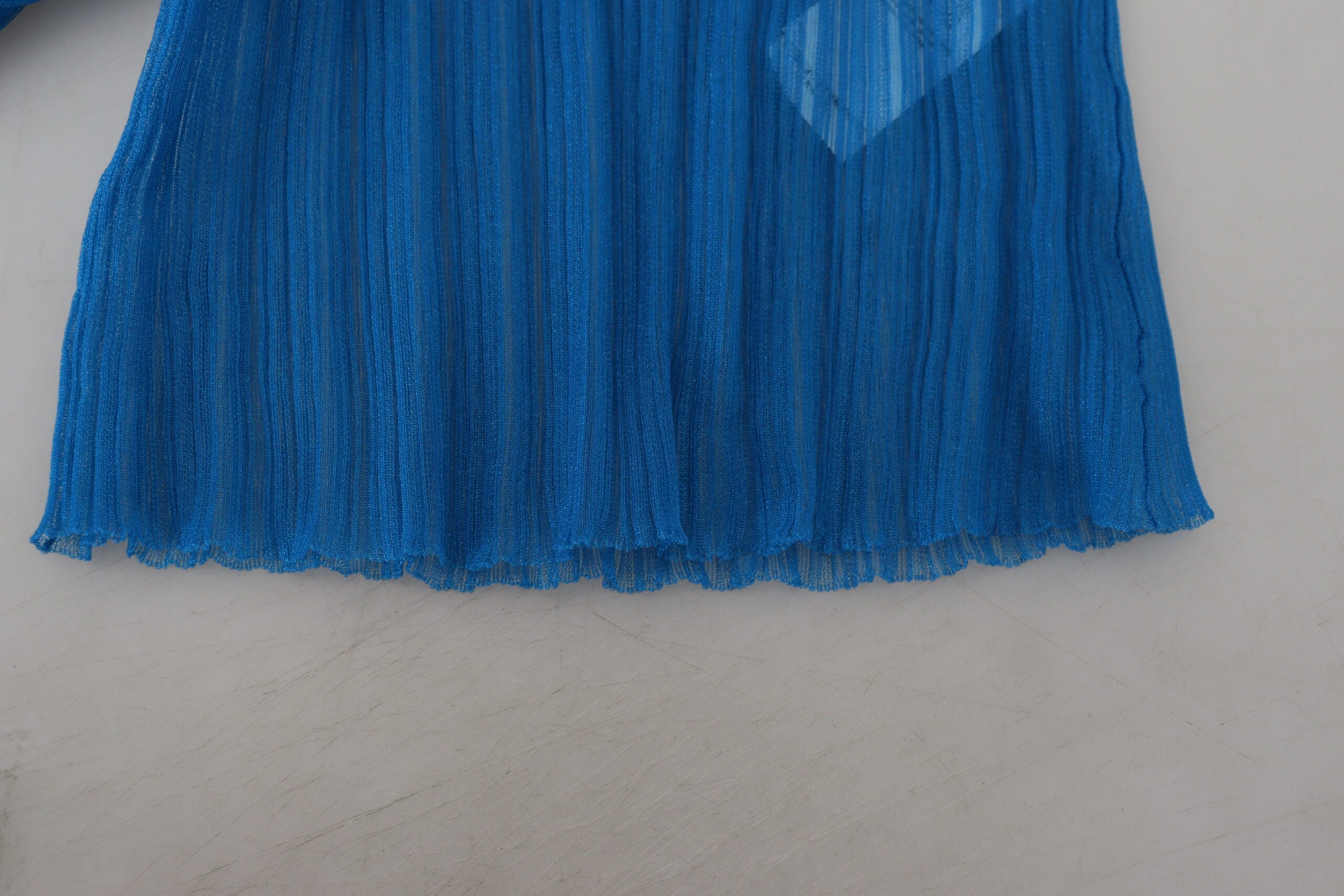 Blue Mesh Turtleneck Long Sleeve Blouse Top - ventzia