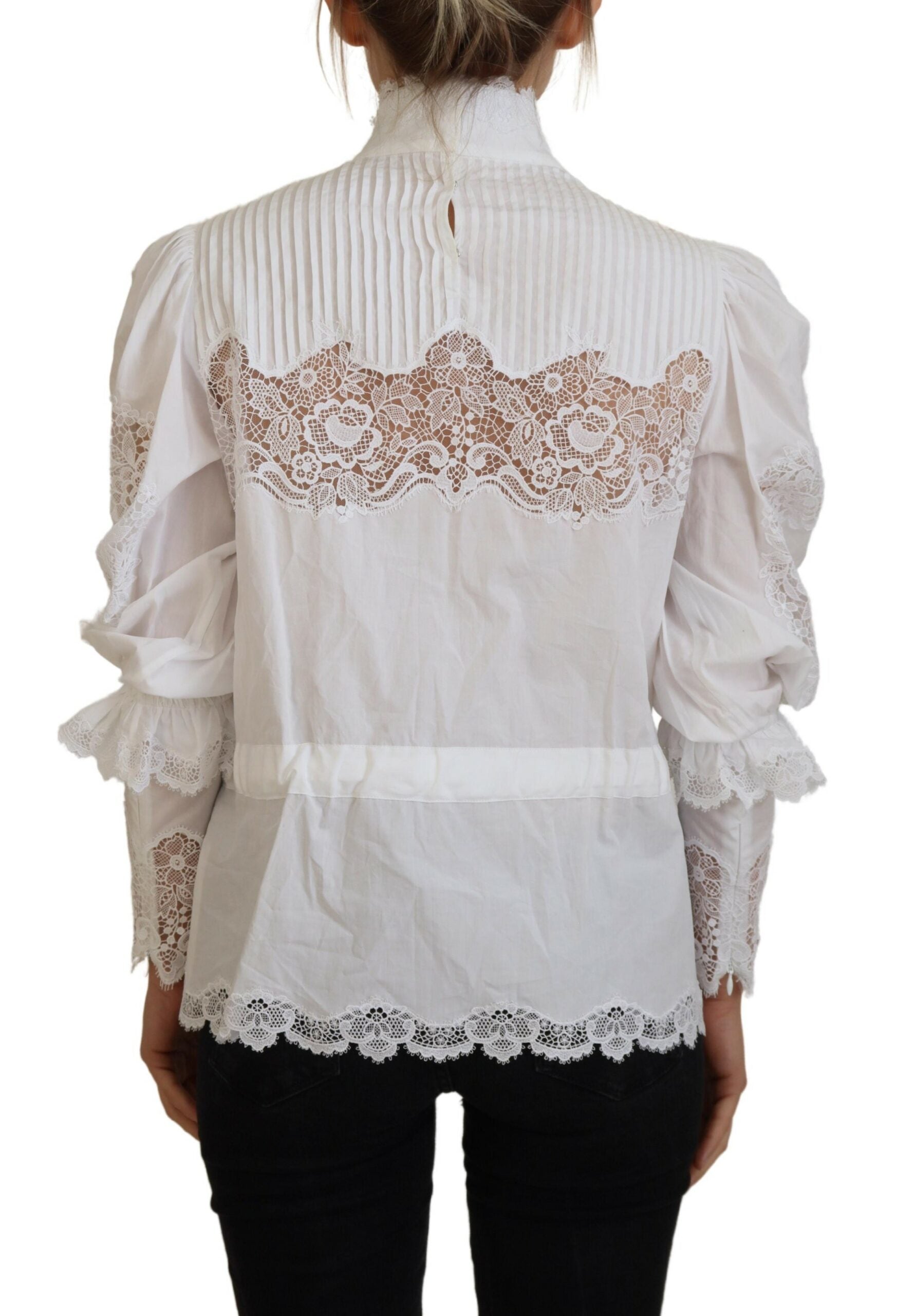 White Cotton Lace Trim Turtle Neck Blouse Top - ventzia