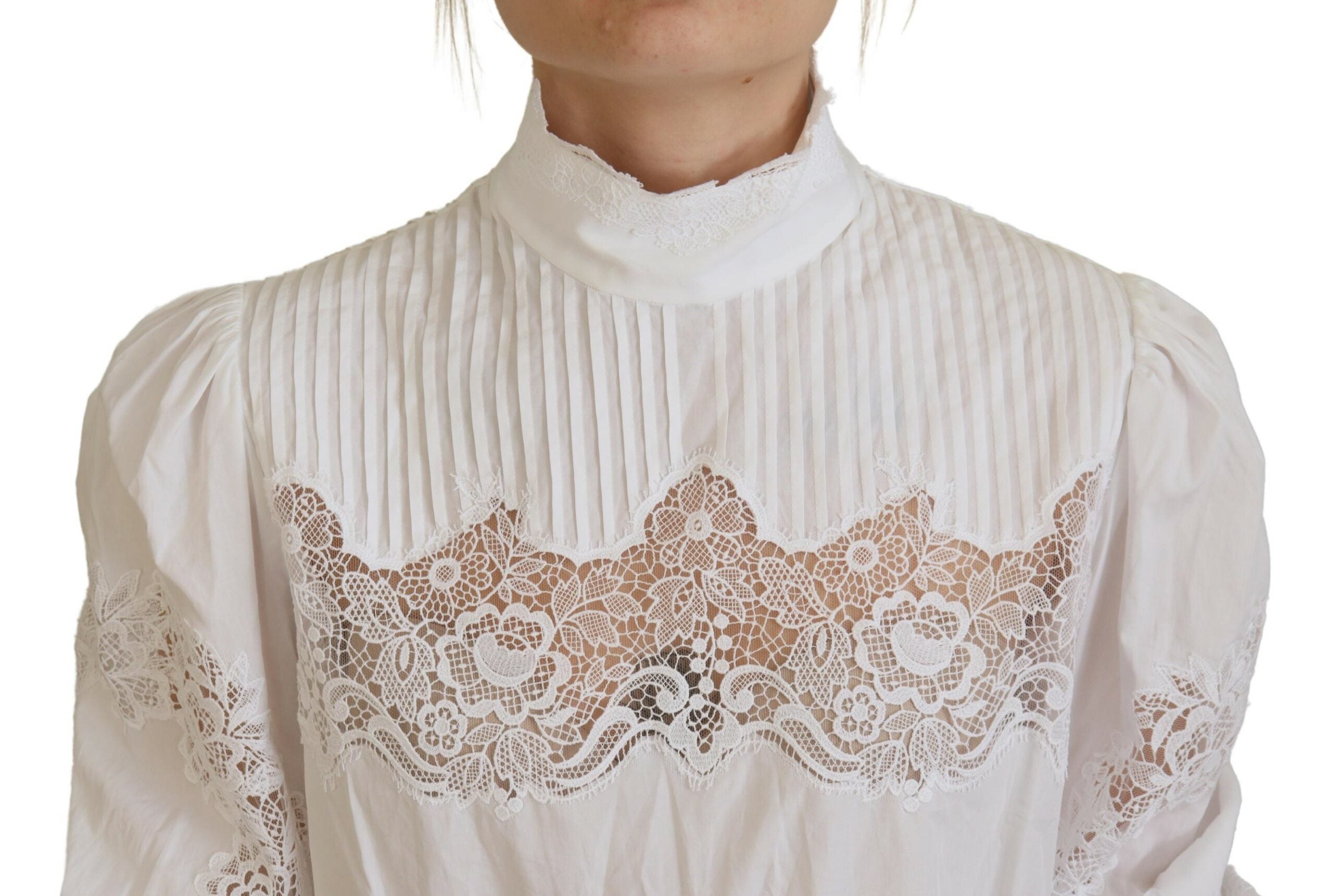 White Cotton Lace Trim Turtle Neck Blouse Top - ventzia