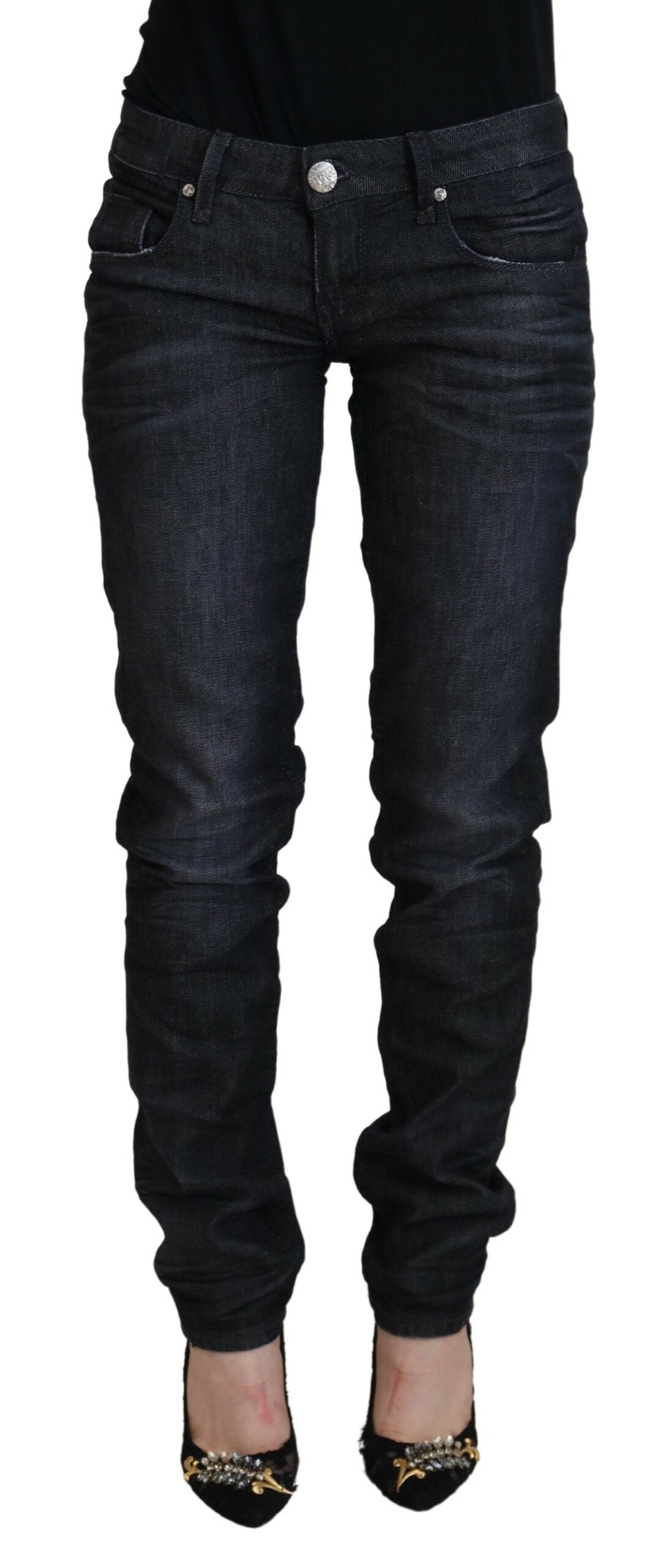 Black Cotton Low Waist Slim Fit Women Casual Denim Jeans - ventzia