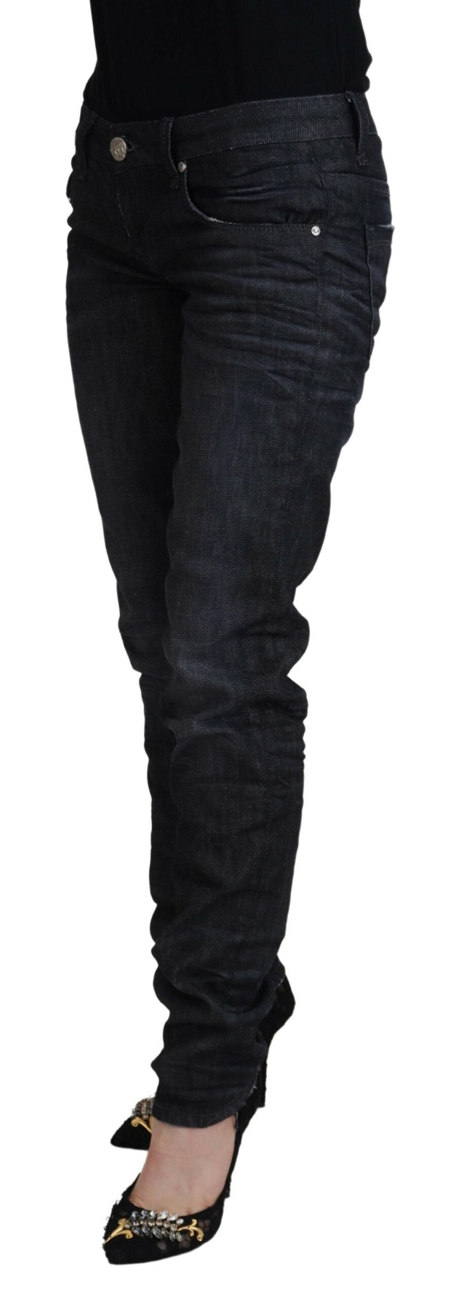 Black Cotton Low Waist Slim Fit Women Casual Denim Jeans - ventzia