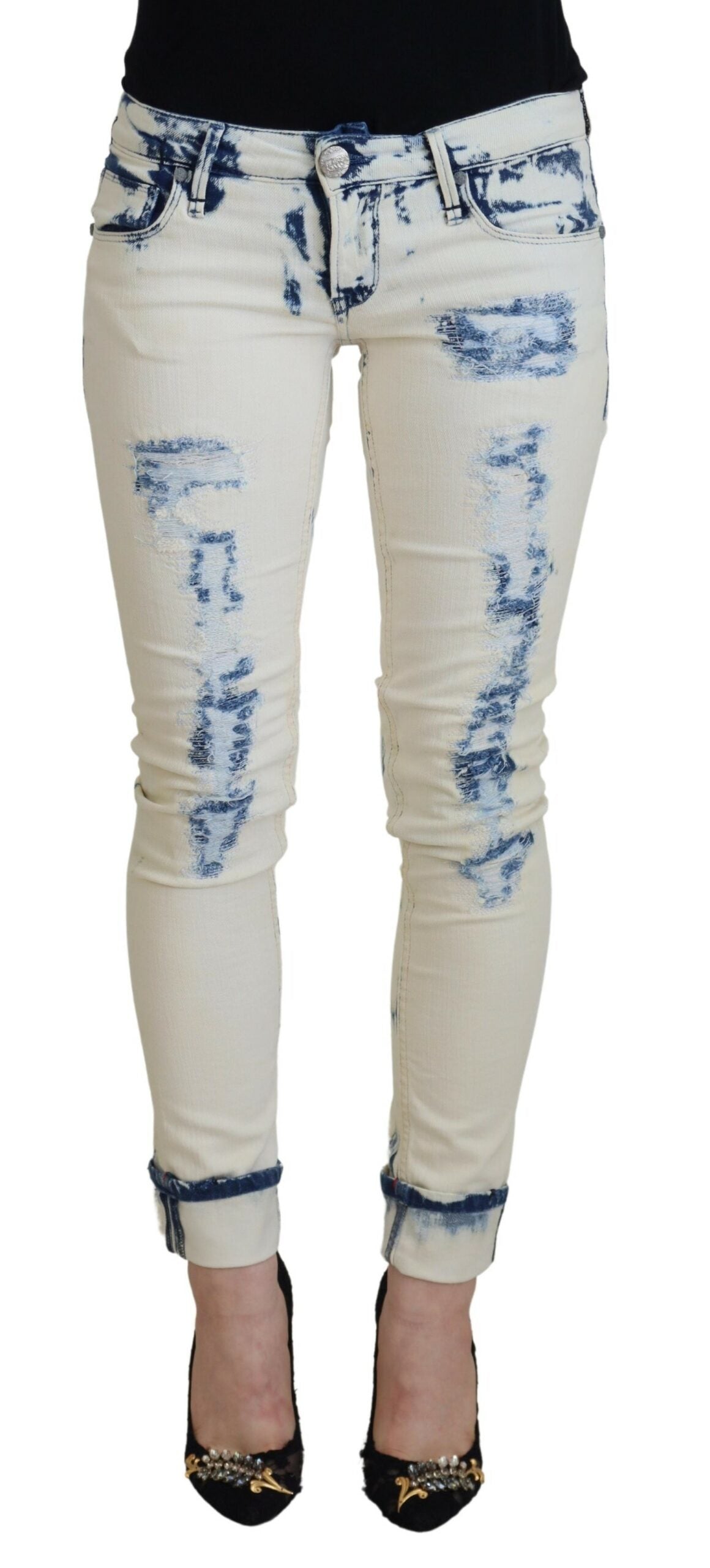 White Blue Cotton Skinny Women Tattered Denim Jeans - ventzia
