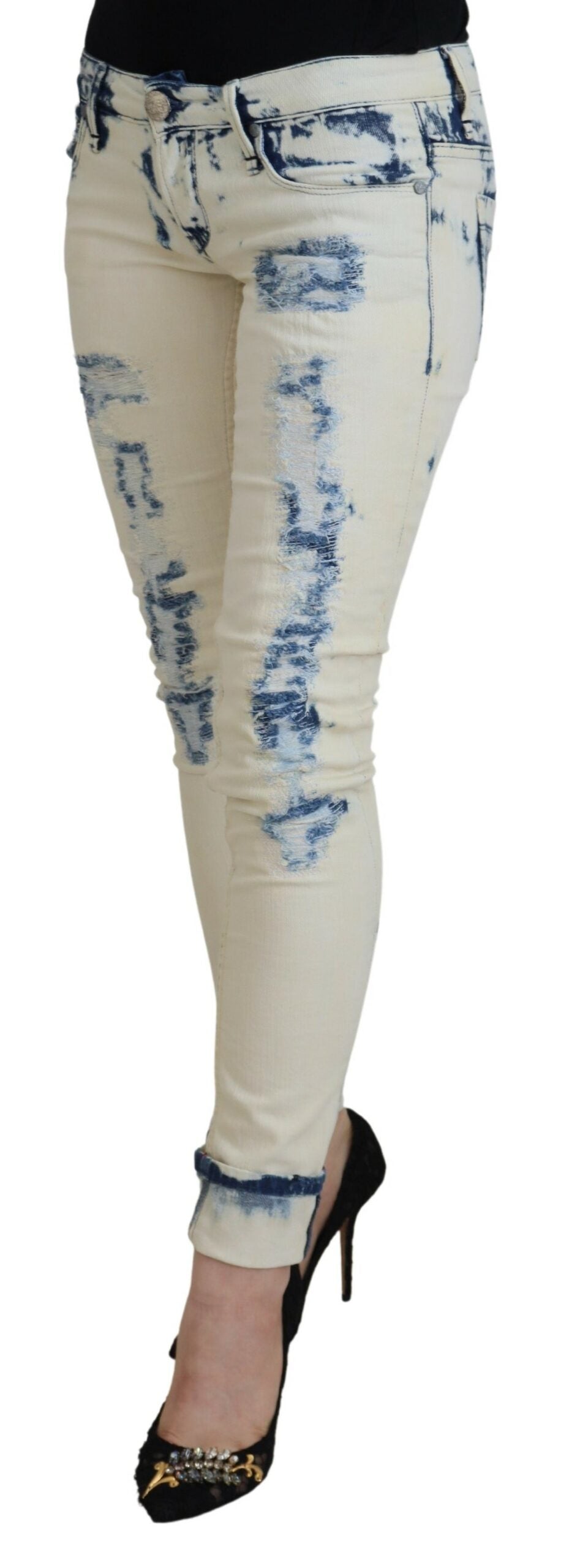 White Blue Cotton Skinny Women Tattered Denim Jeans - ventzia