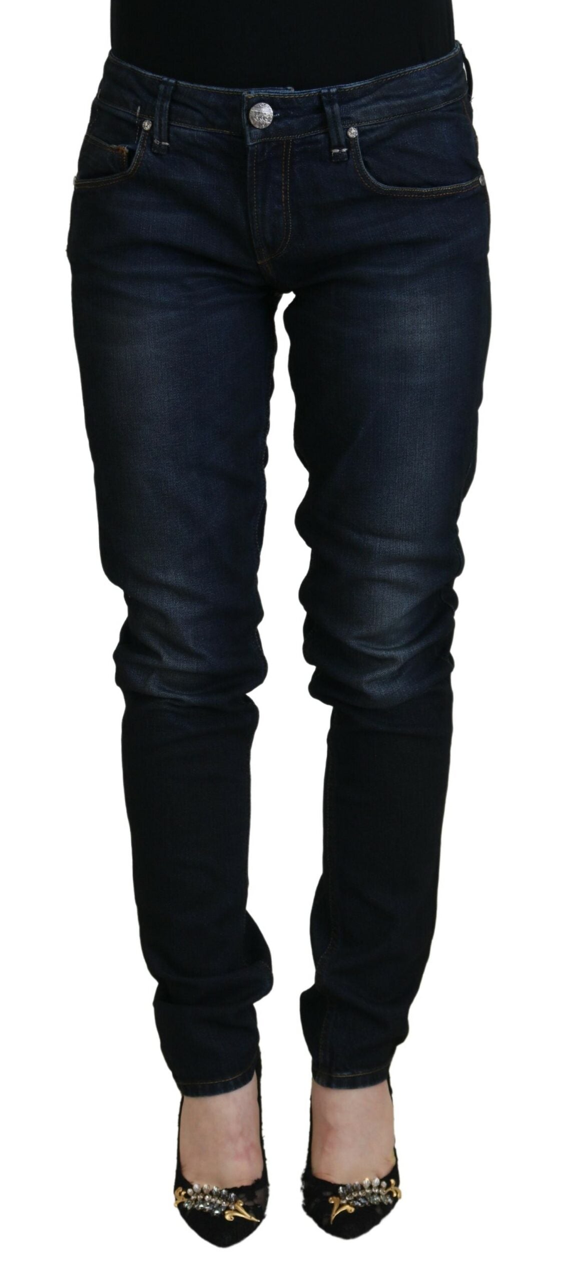 Blue Cotton Skinny Low Waist Women Casual Denim Jeans - ventzia